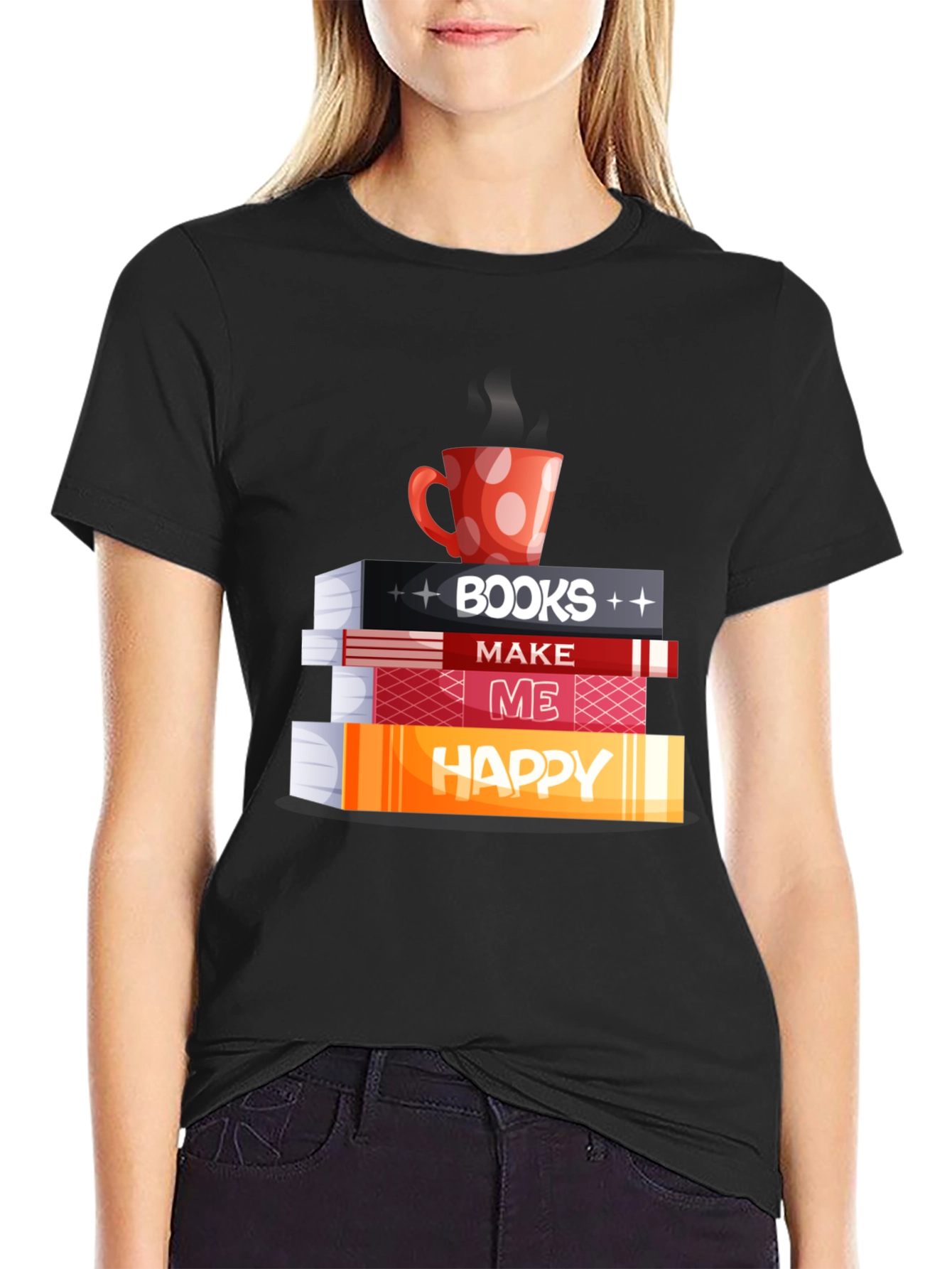 Book Lover Tee: Books Coffee and Happiness!