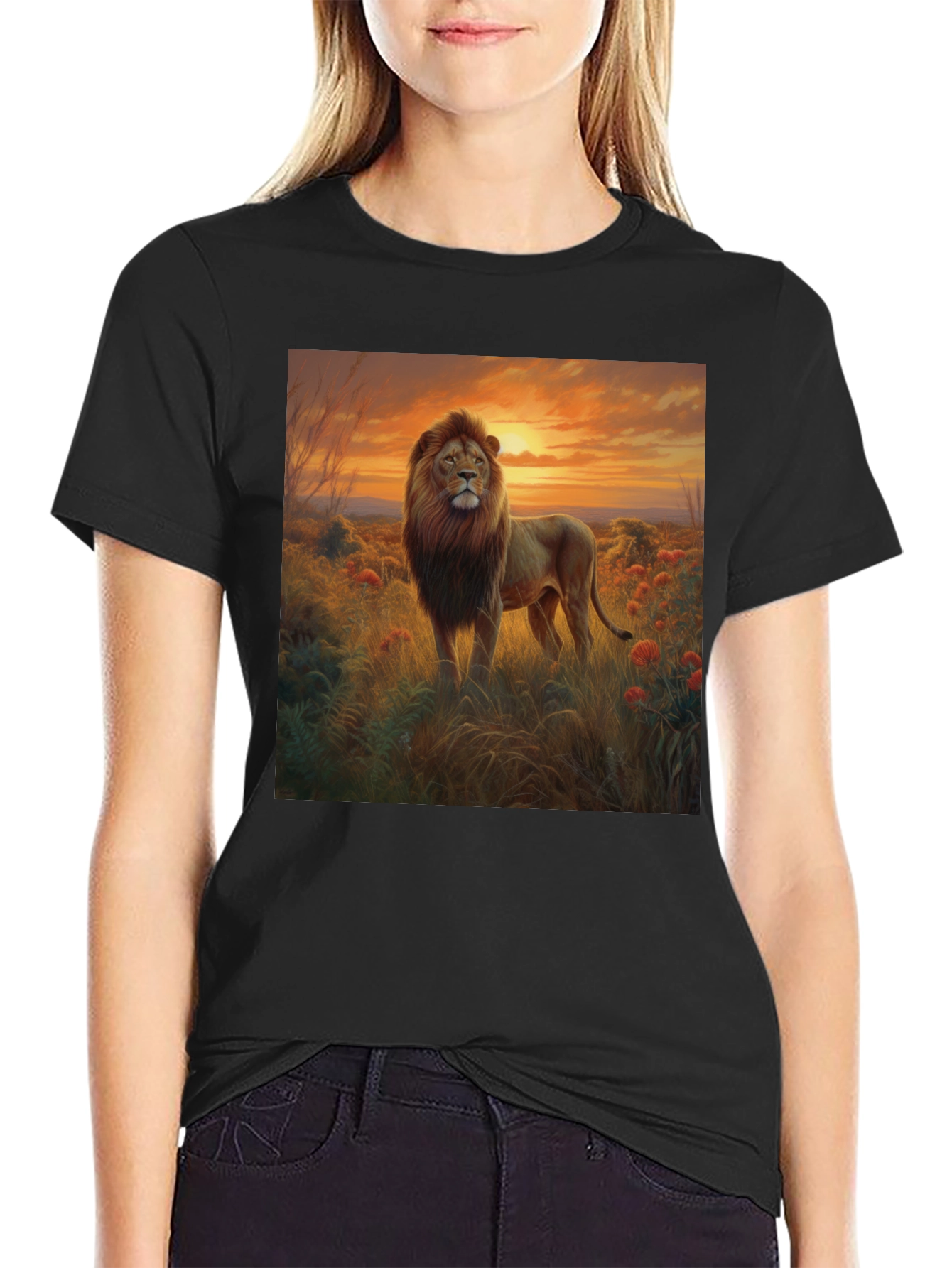 Lion Sunset Graphic Black T-Shirt