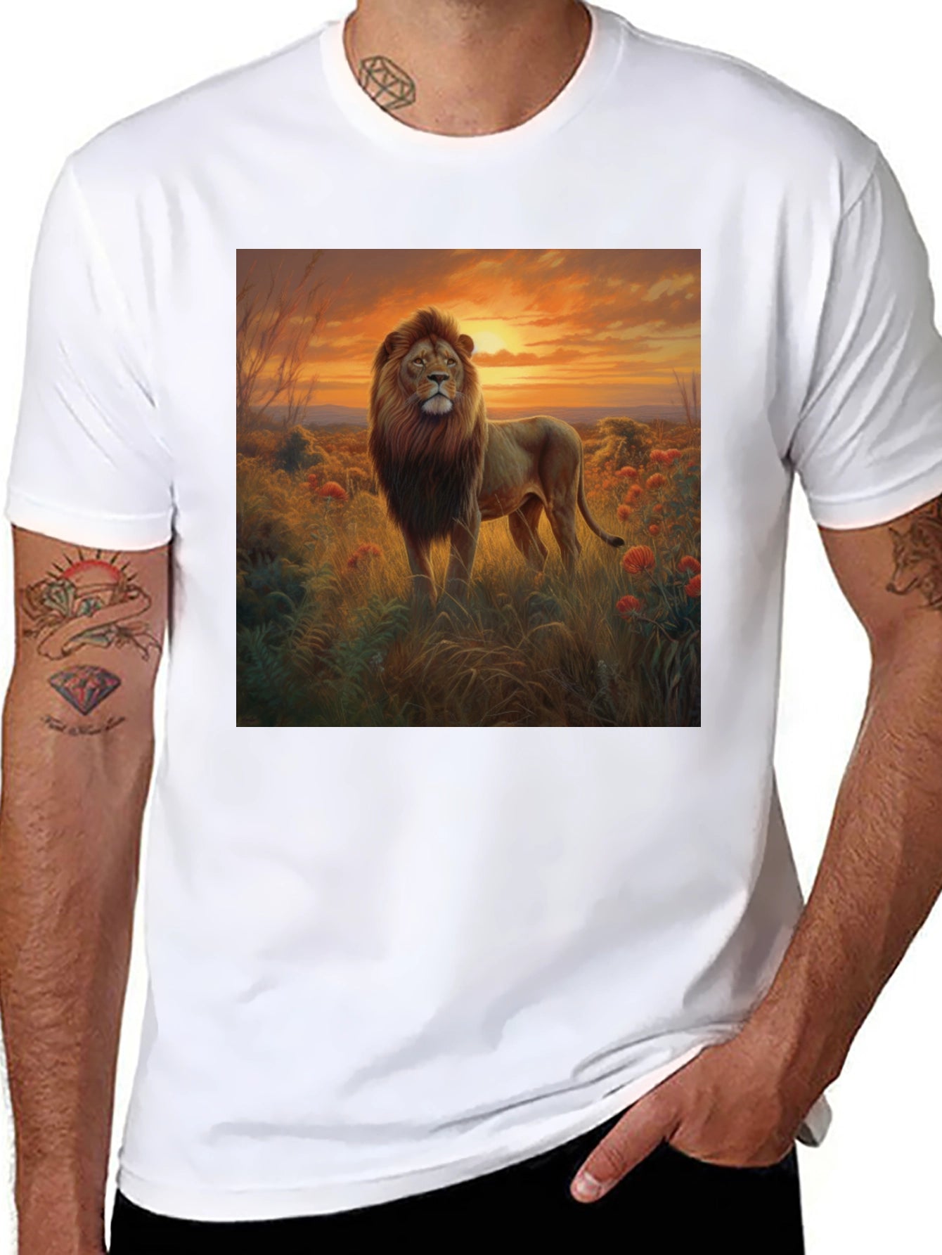 Lion Sunset Graphic Black T-Shirt