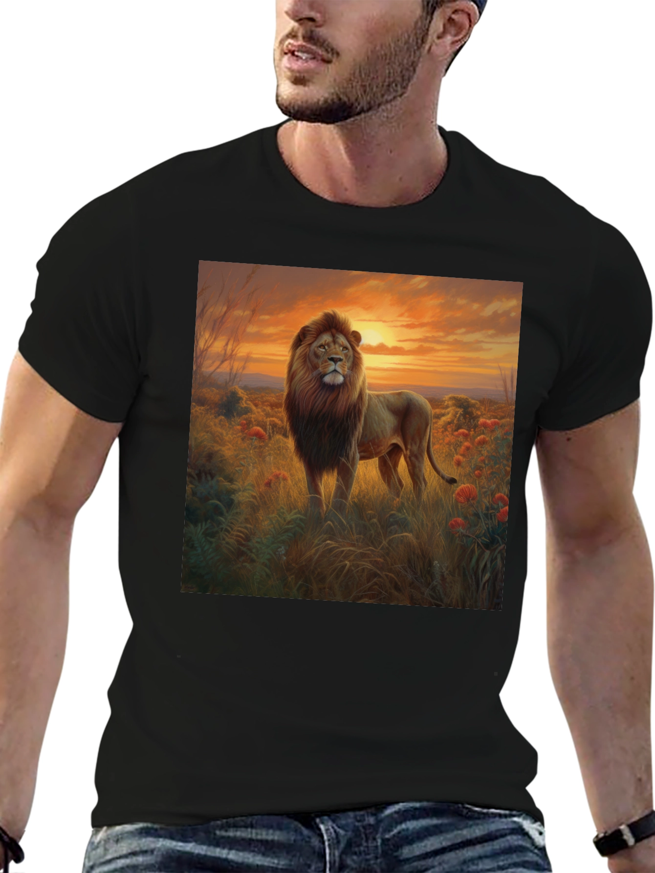 Lion Sunset Graphic Black T-Shirt