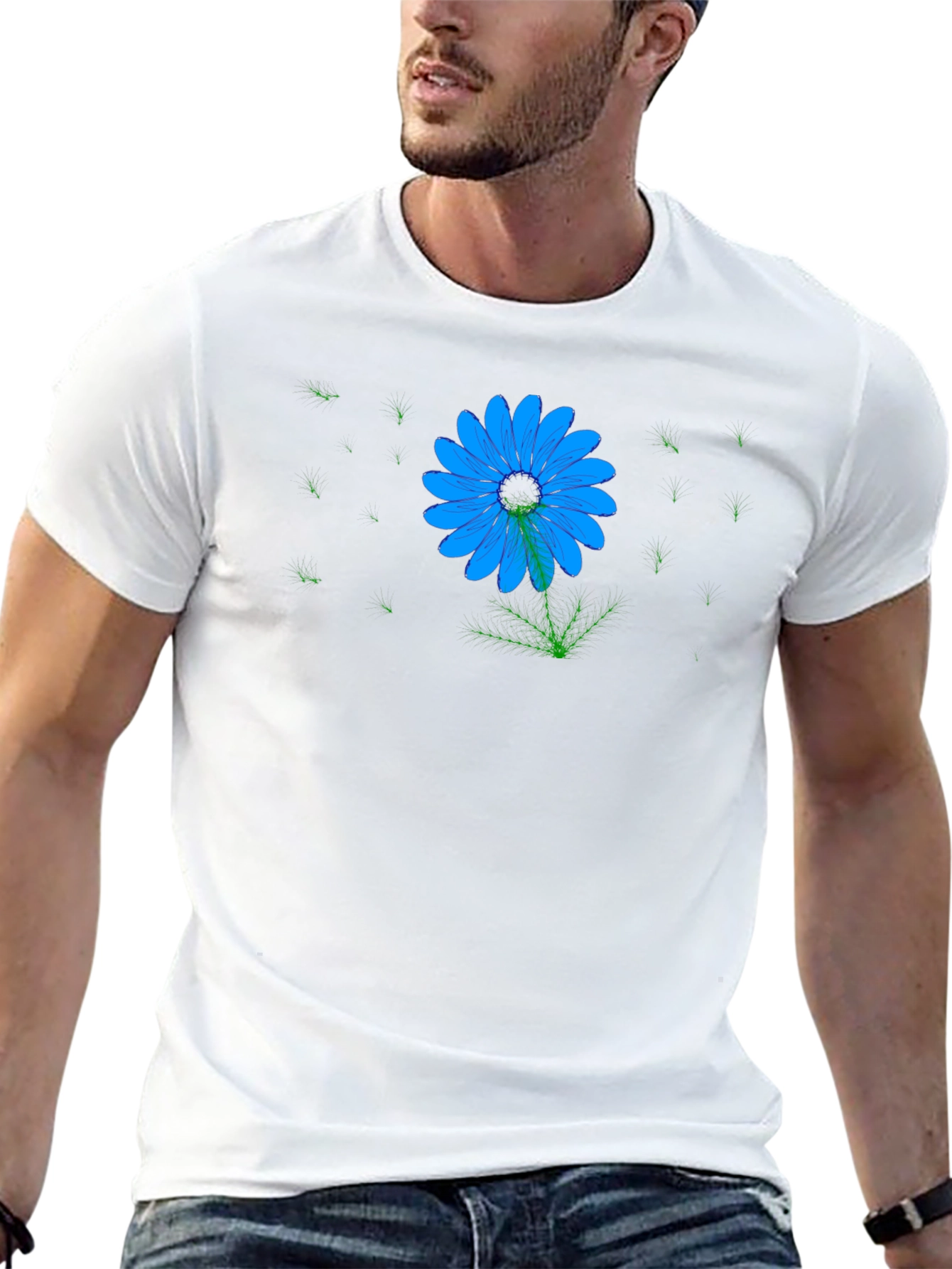 Blue Flower Graphic Print Black T-Shirt