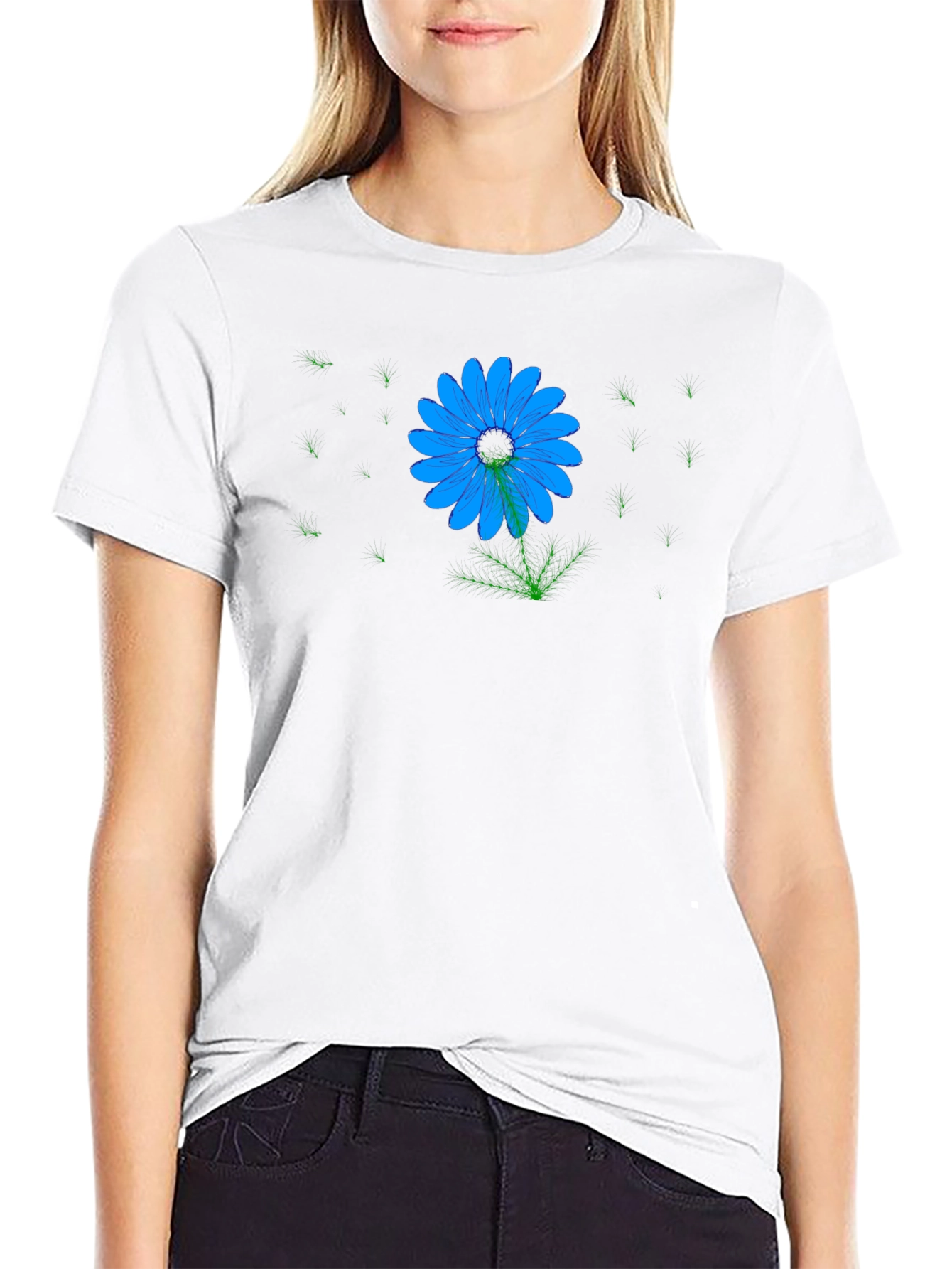 Blue Flower Graphic Print Black T-Shirt