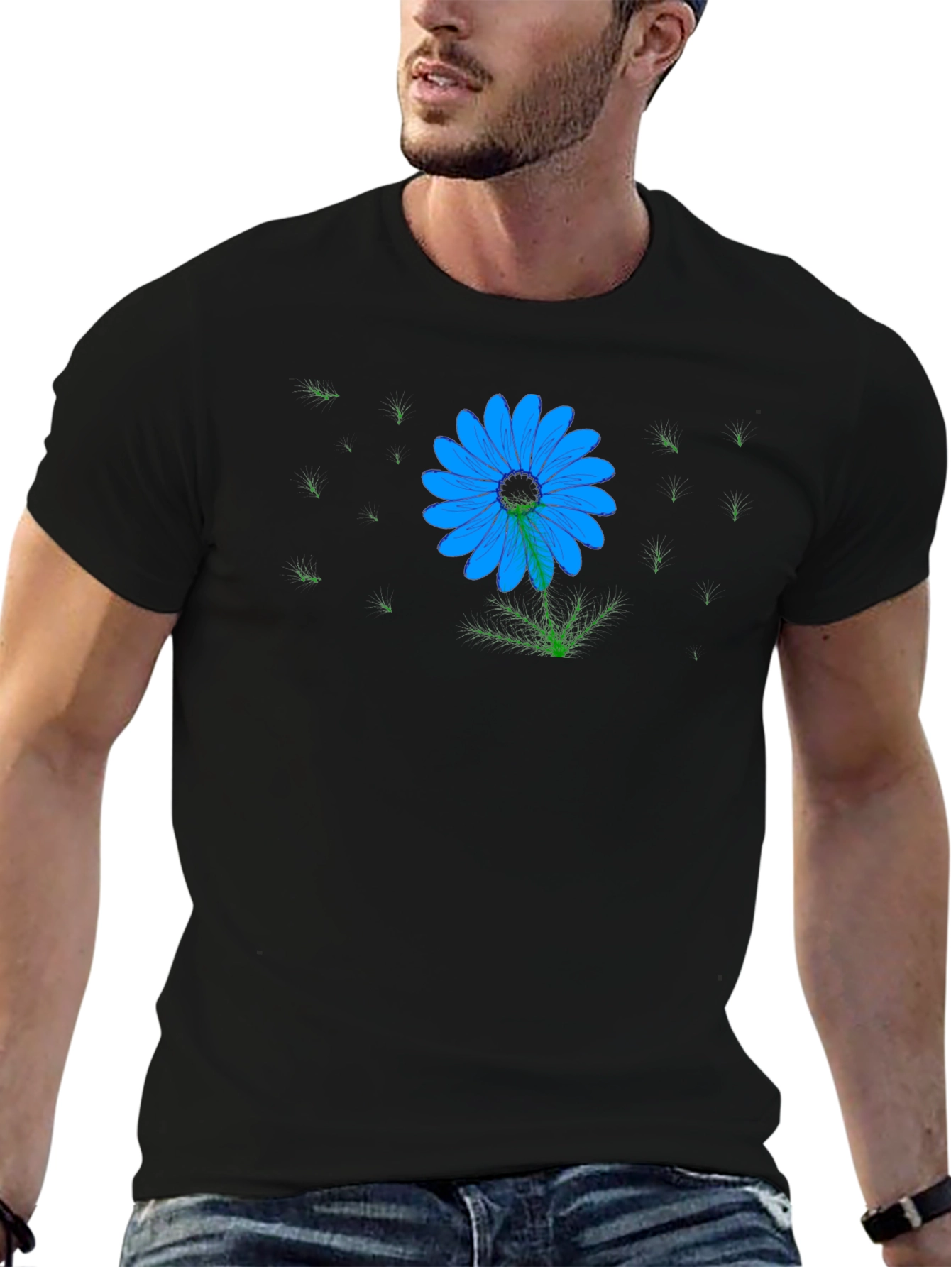 Blue Flower Graphic Print Black T-Shirt