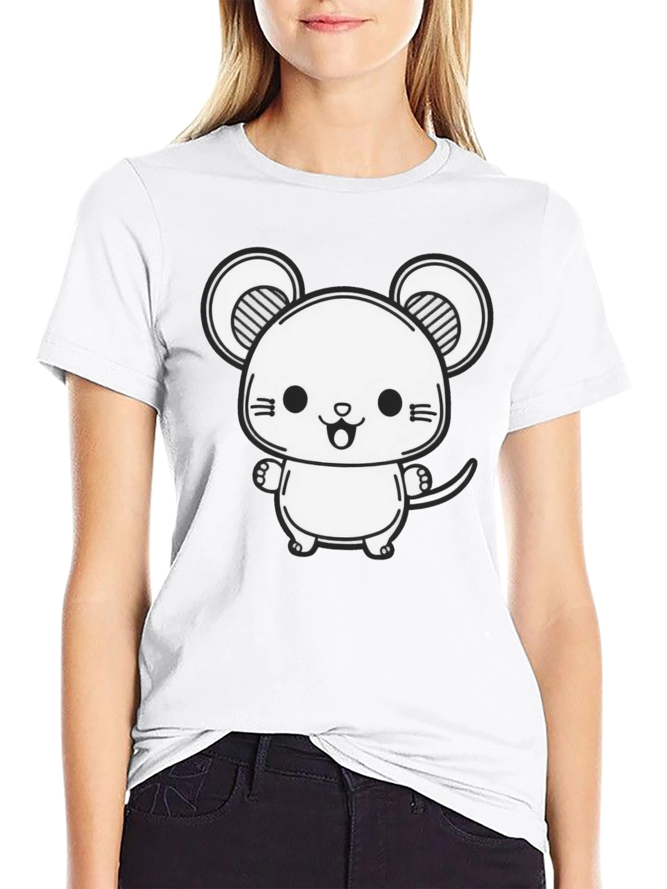 Cute Cartoon Mouse Graphic Tee - Black Cotton Blend