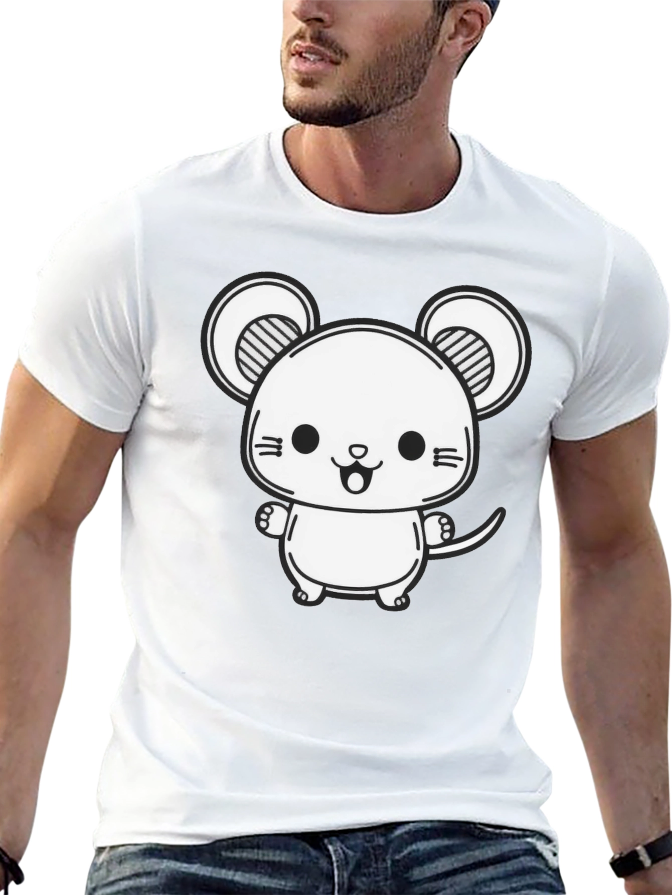 Cute Cartoon Mouse Graphic Tee - Black Cotton Blend