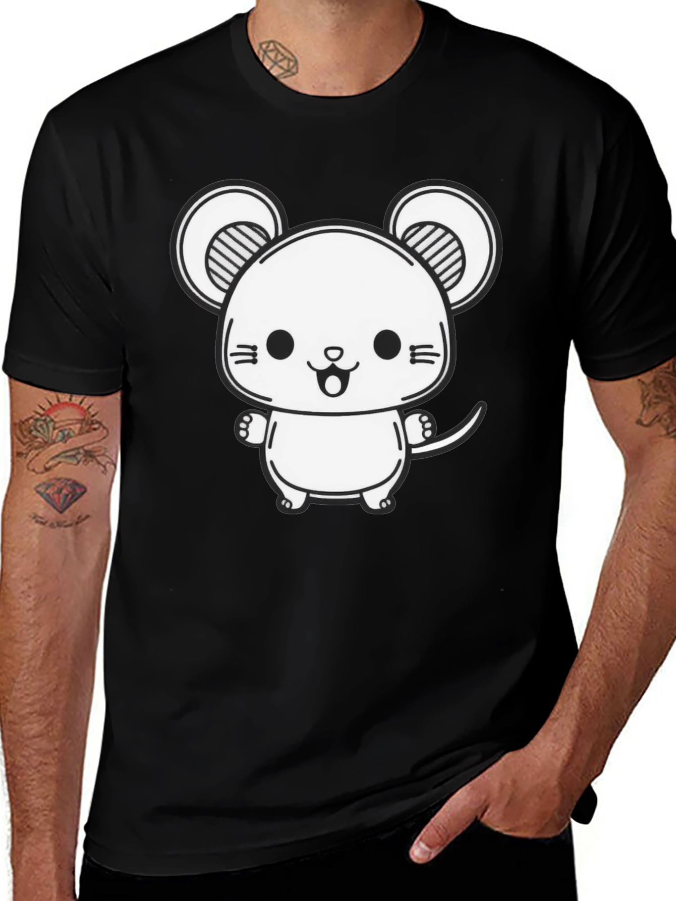Cute Cartoon Mouse Graphic Tee - Black Cotton Blend