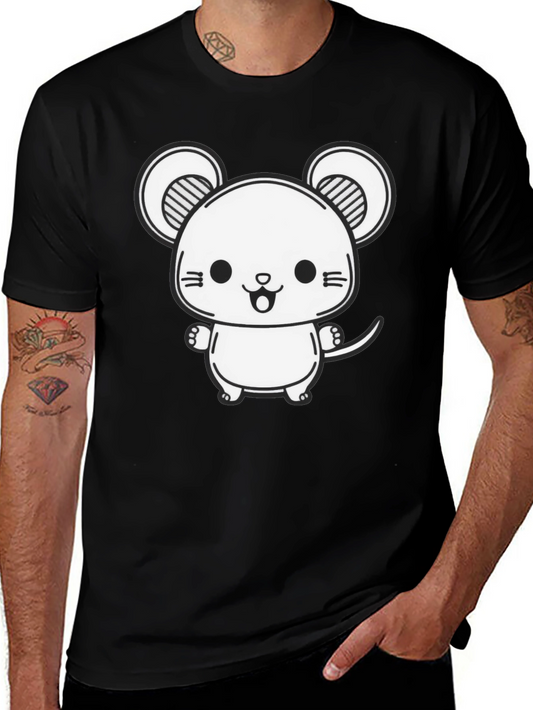 Cute Cartoon Mouse Graphic Tee - Black Cotton Blend