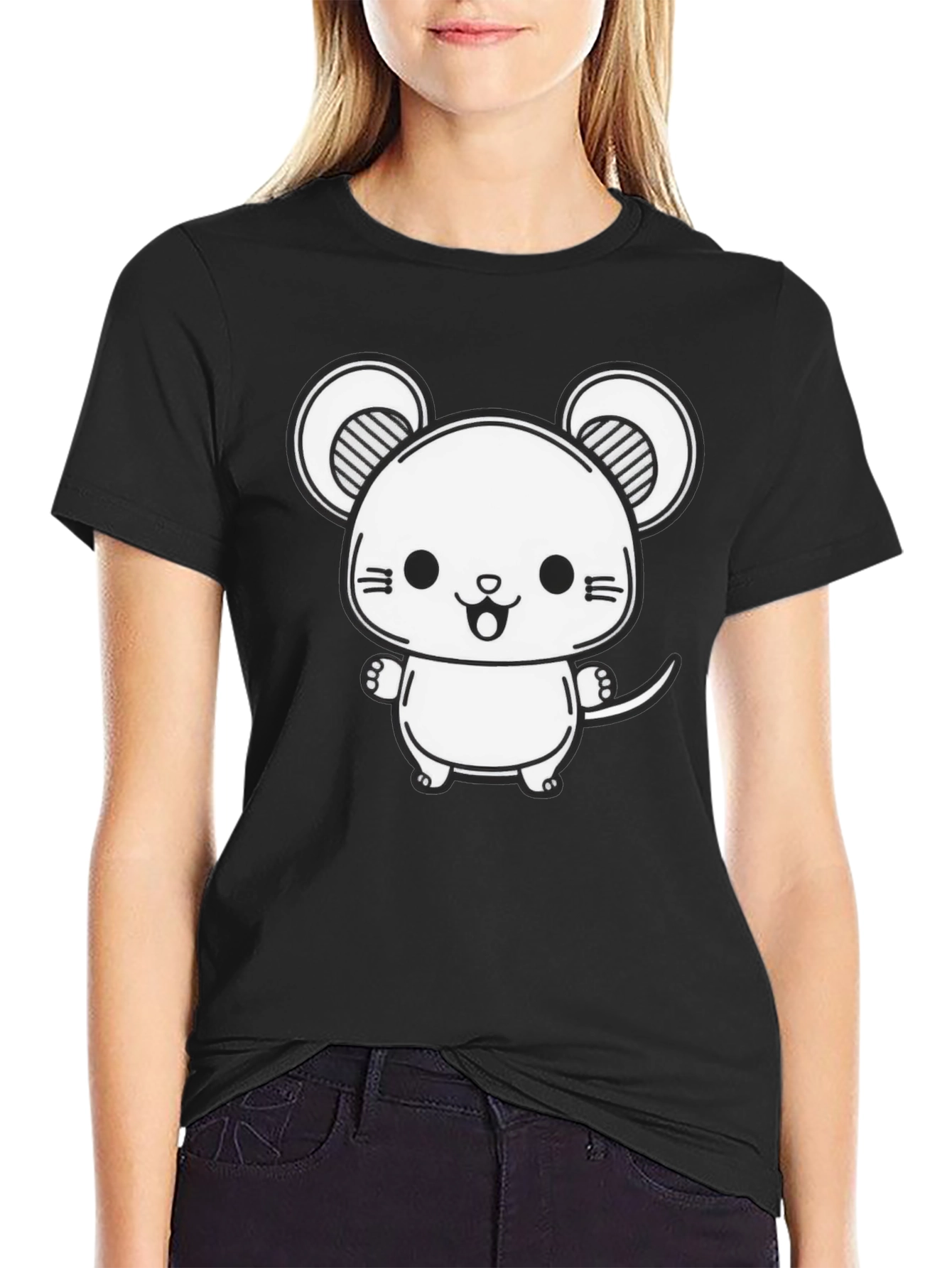 Cute Cartoon Mouse Graphic Tee - Black Cotton Blend