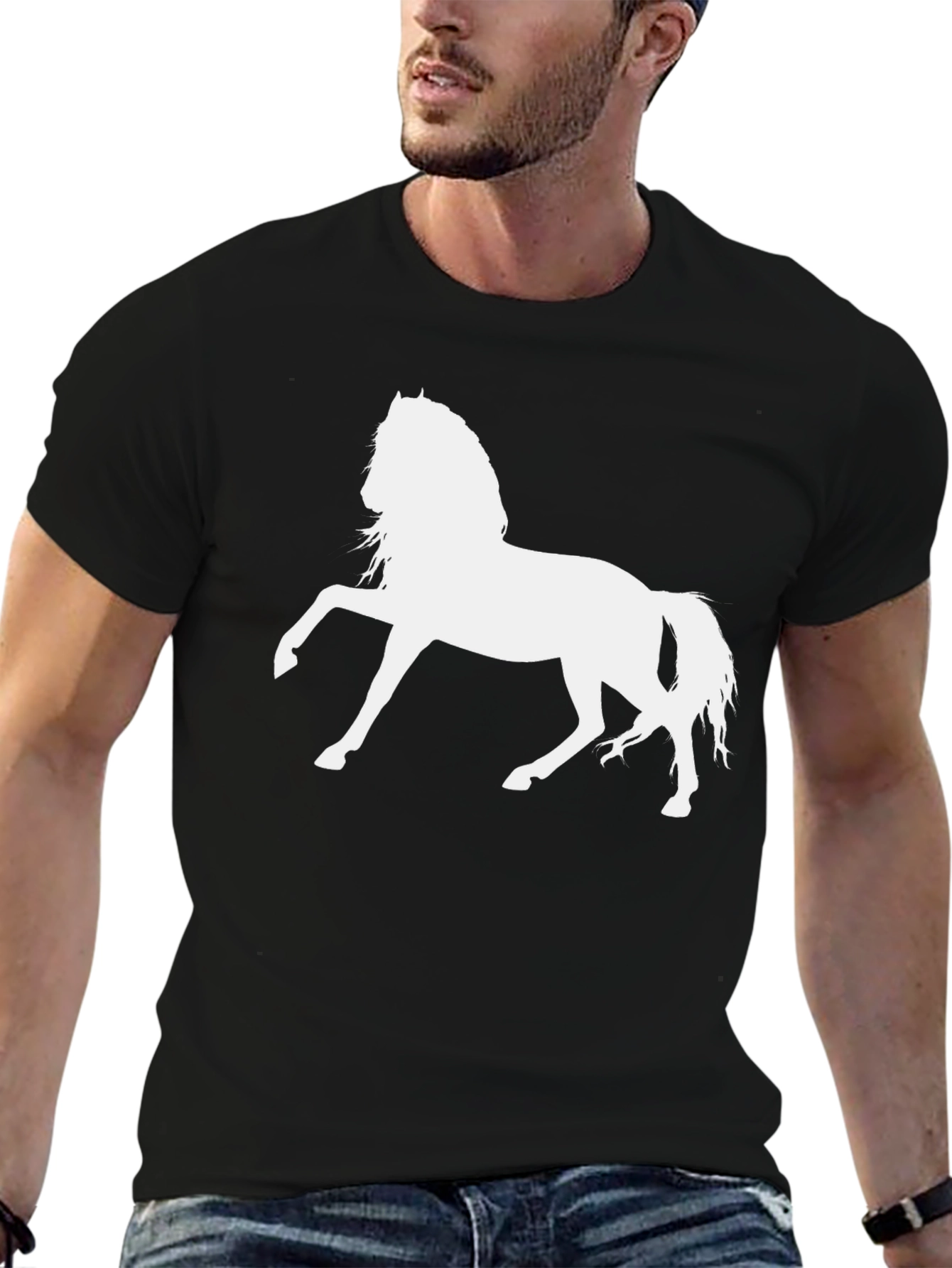 Black T-Shirt with White Horse Graphic