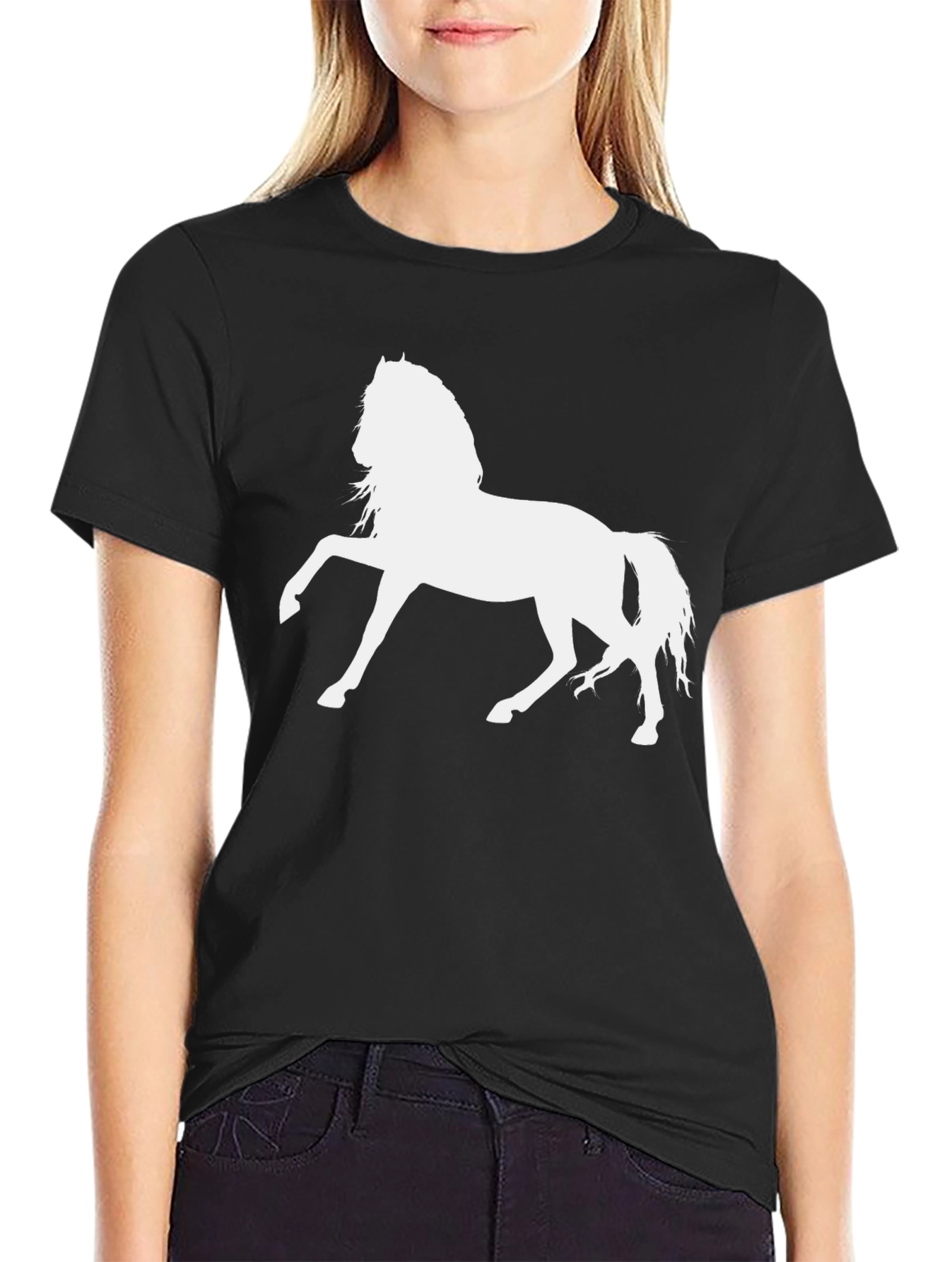 Black T-Shirt with White Horse Graphic