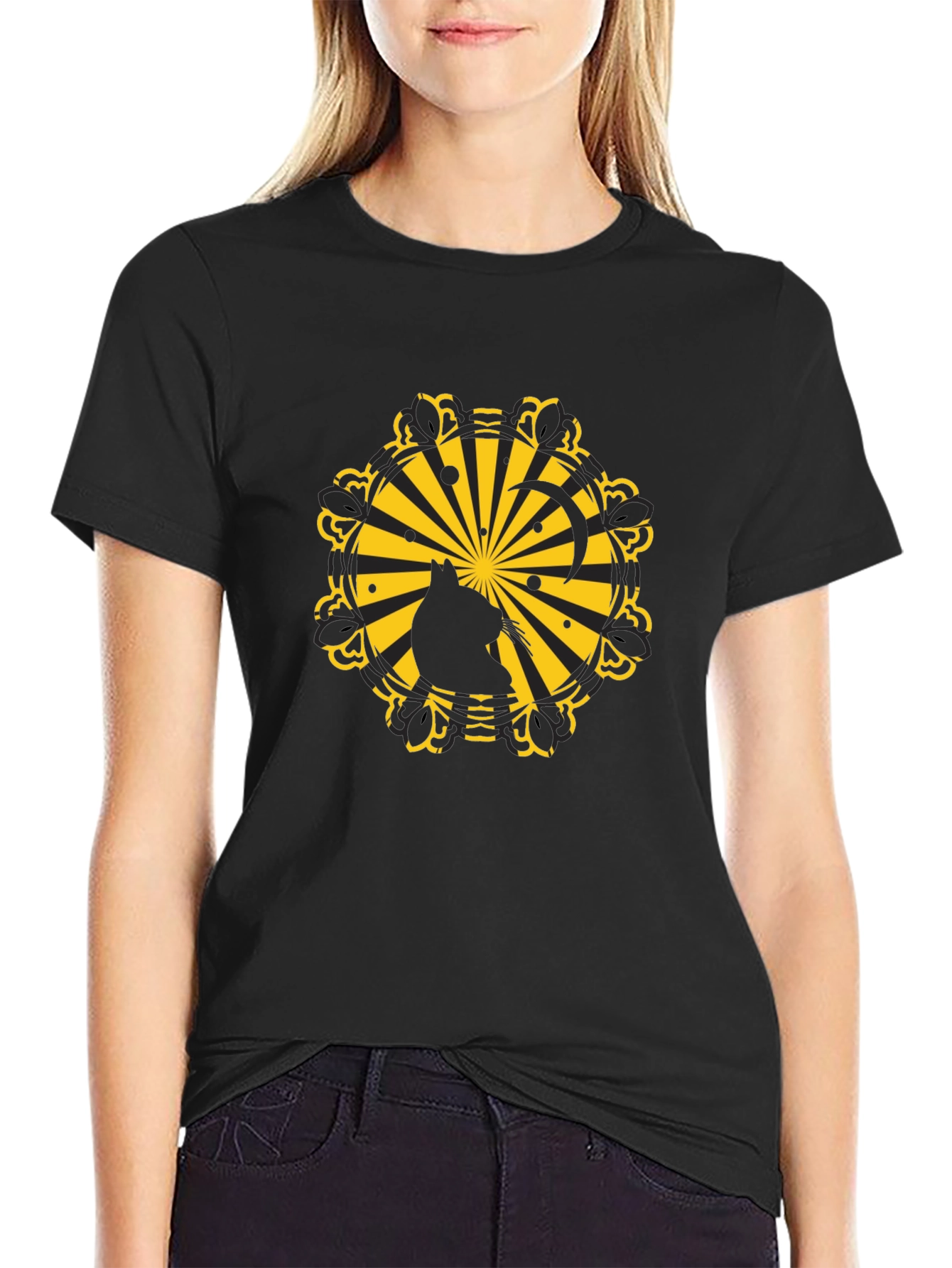 Silhouette Cat Sunburst Graphic Black T-Shirt