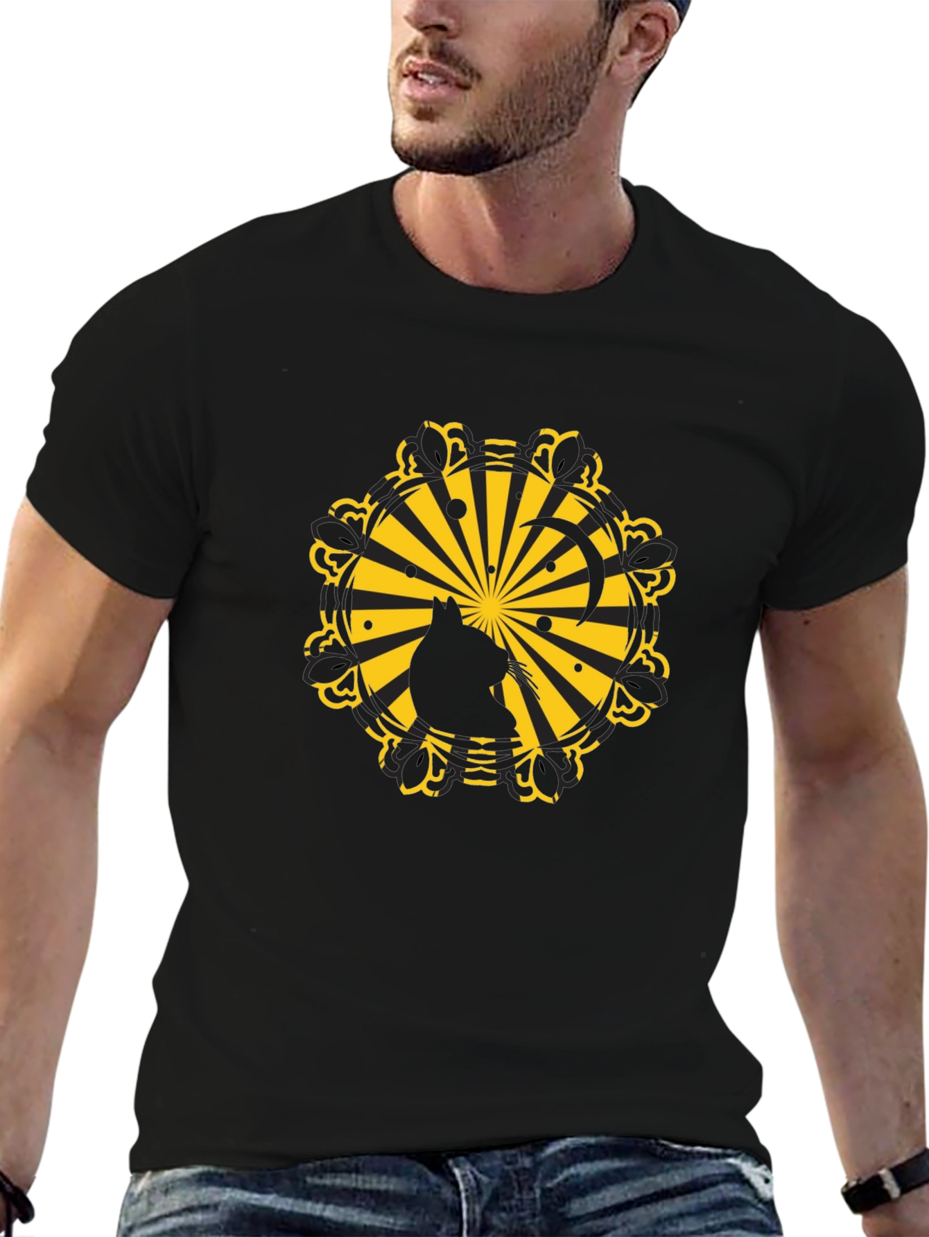 Silhouette Cat Sunburst Graphic Black T-Shirt