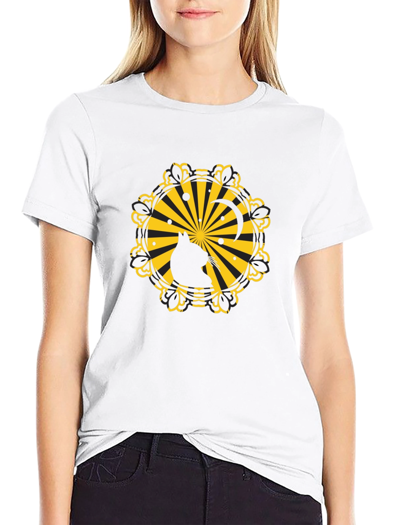 Silhouette Cat Sunburst Graphic Black T-Shirt