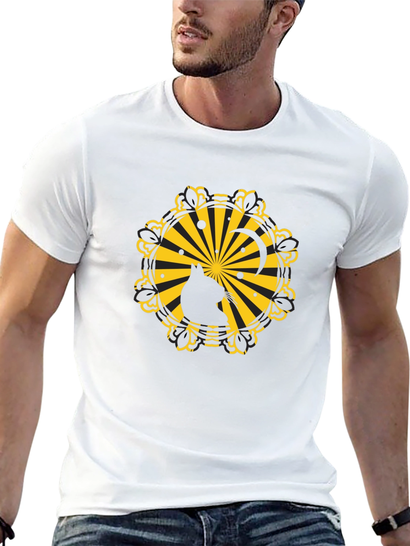 Silhouette Cat Sunburst Graphic Black T-Shirt
