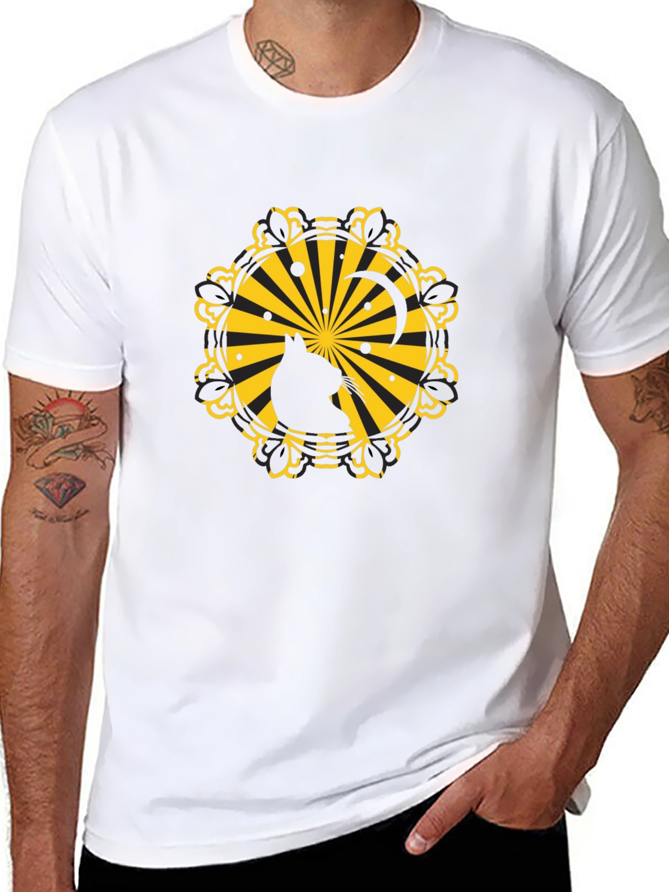 Silhouette Cat Sunburst Graphic Black T-Shirt