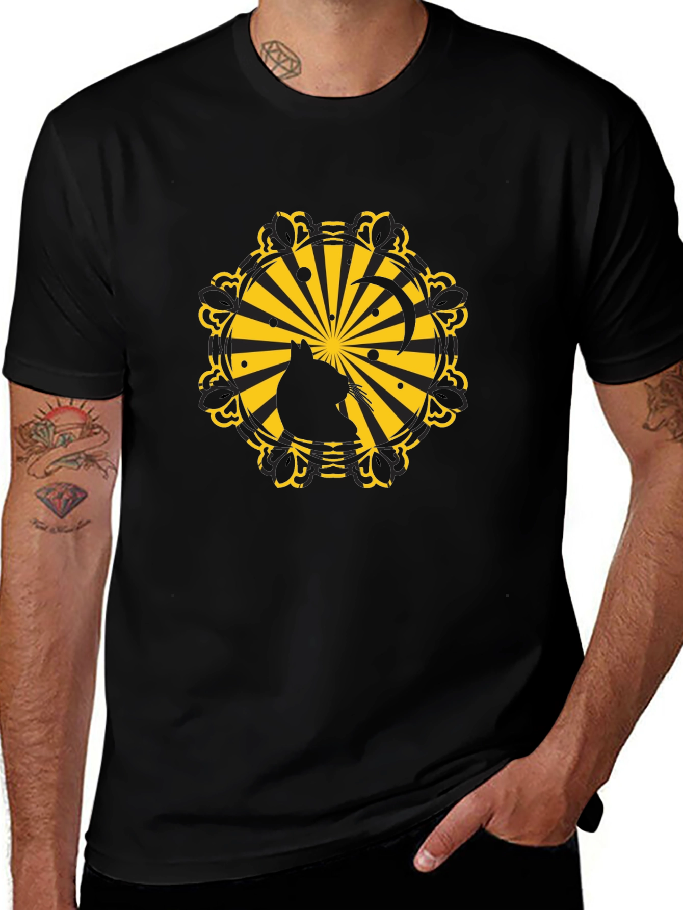Silhouette Cat Sunburst Graphic Black T-Shirt