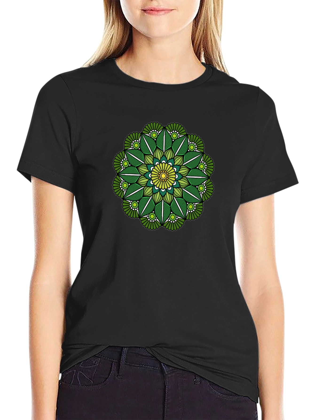 Green Mandala Graphic Tee - Stylish Black T-Shirt