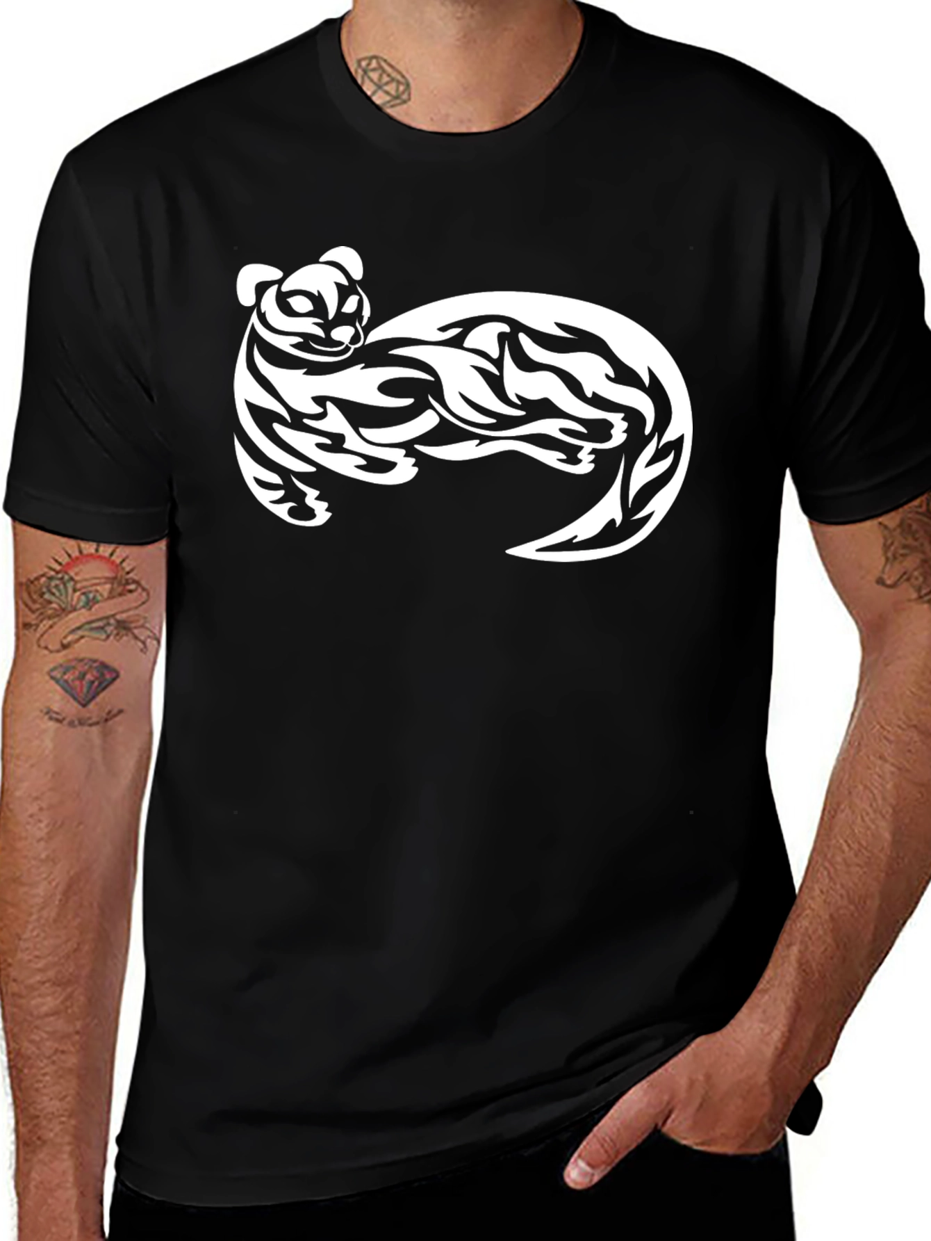 Black T-Shirt with White Tribal Cat Graphic