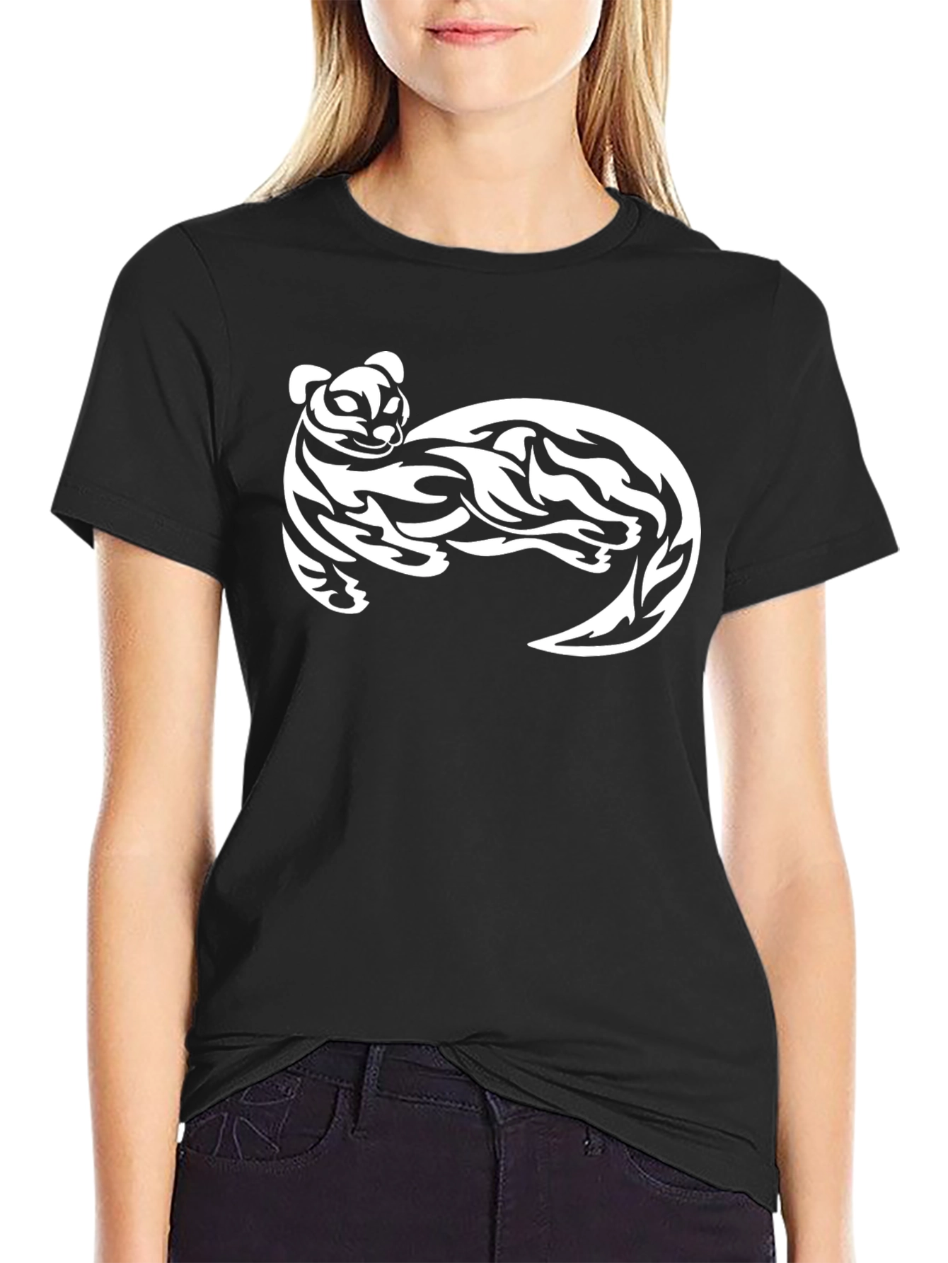 Black T-Shirt with White Tribal Cat Graphic
