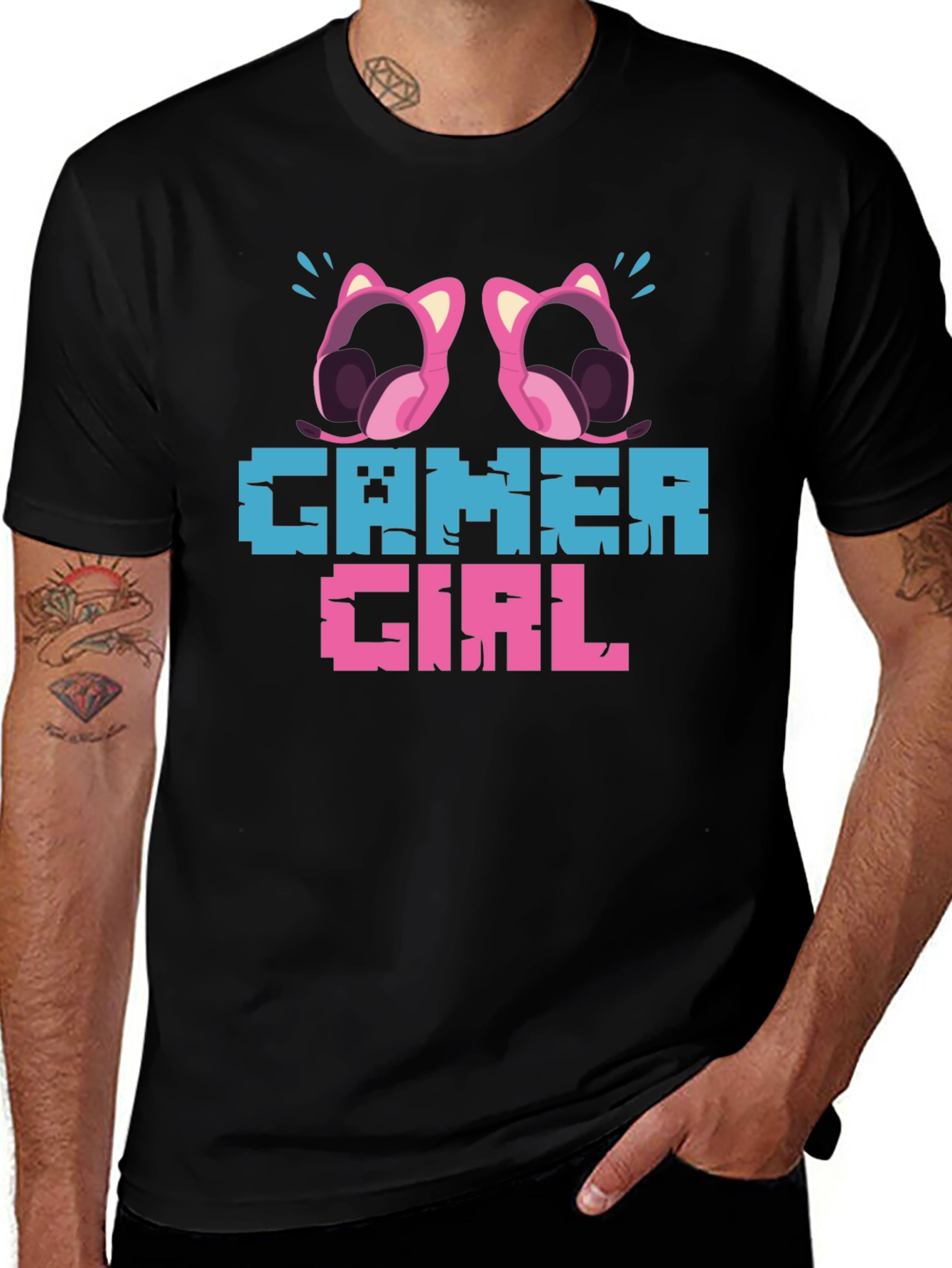 Gamer Girl Pixel Art Black T-Shirt