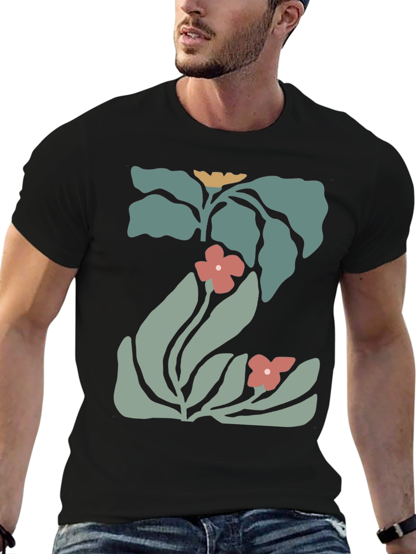 Modern Floral Graphic Black Tee