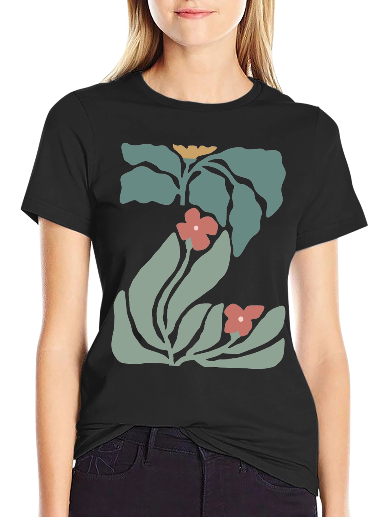 Modern Floral Graphic Black Tee