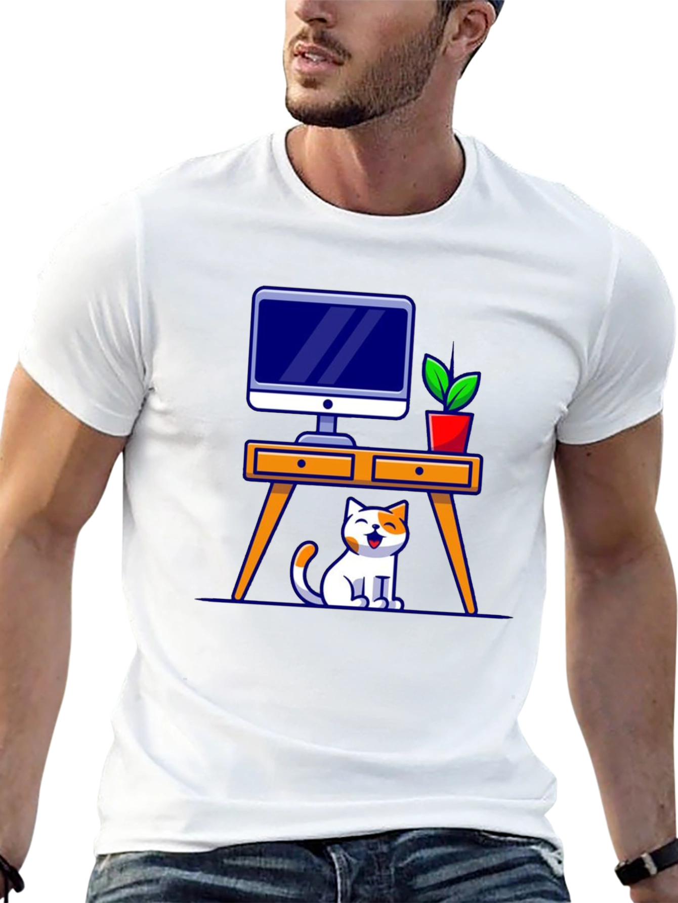 Cat at Desk Graphic T-Shirt