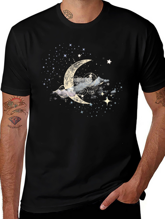 Celestial Crescent Moon Starry Night Black T-Shirt