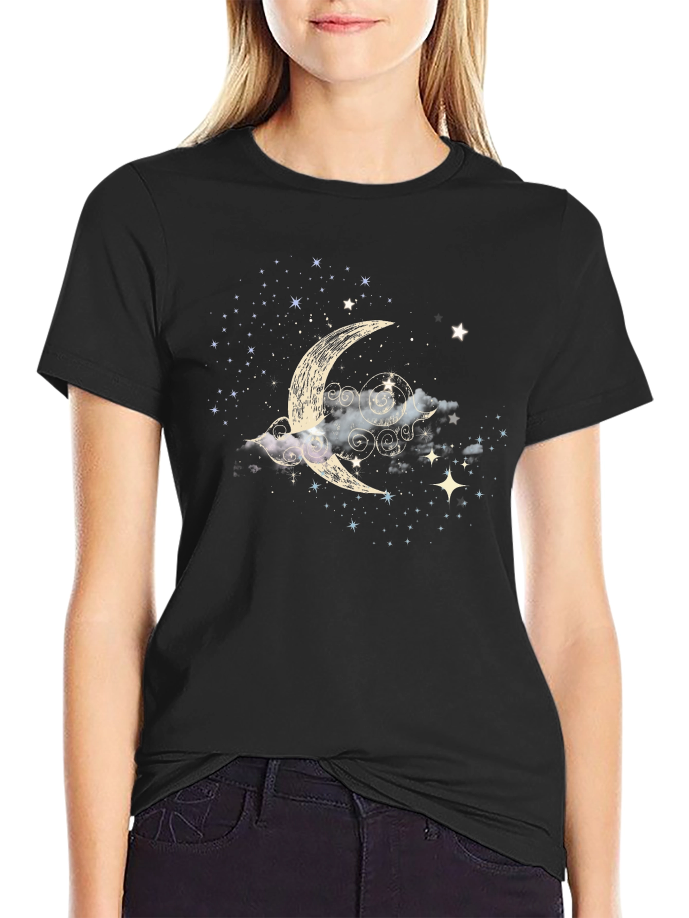 Celestial Crescent Moon Starry Night Black T-Shirt