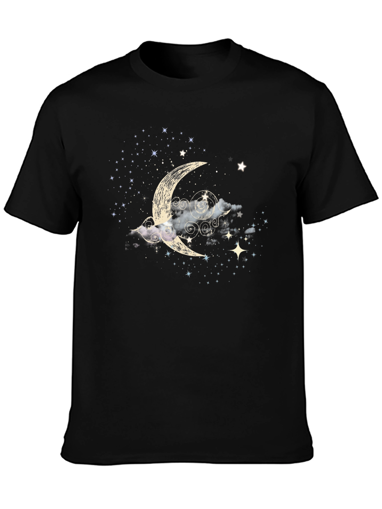 Celestial Crescent Moon Starry Night Black T-Shirt