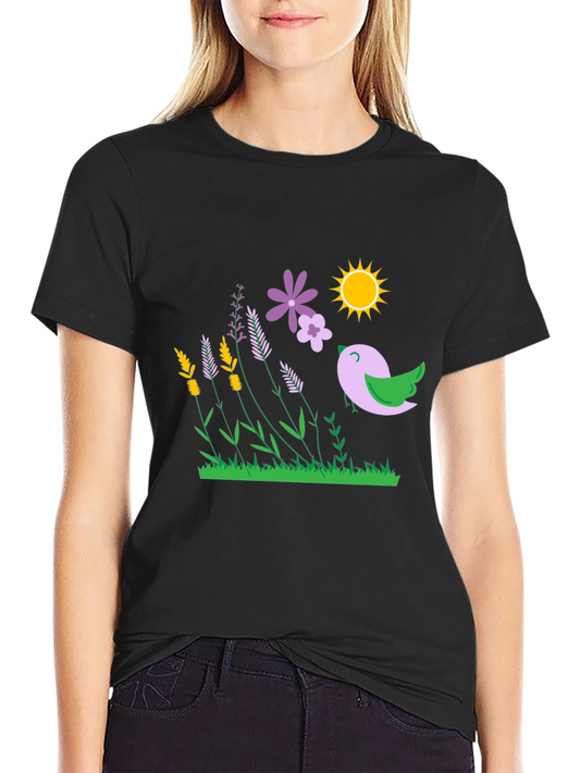 Floral Bird T-Shirt - Black Graphic Tee