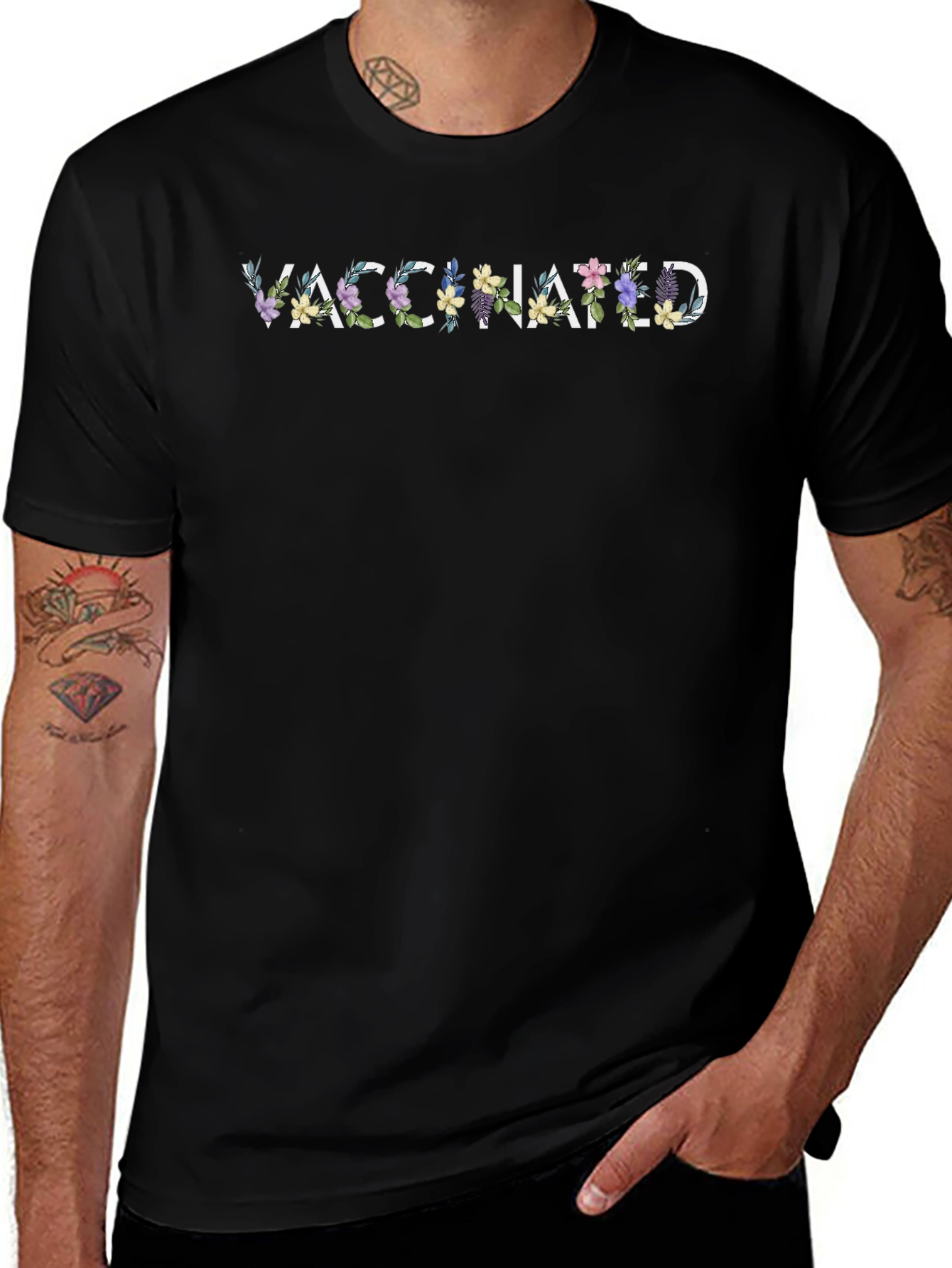 Vaccinated Floral Graphic Black Crewneck T-Shirt