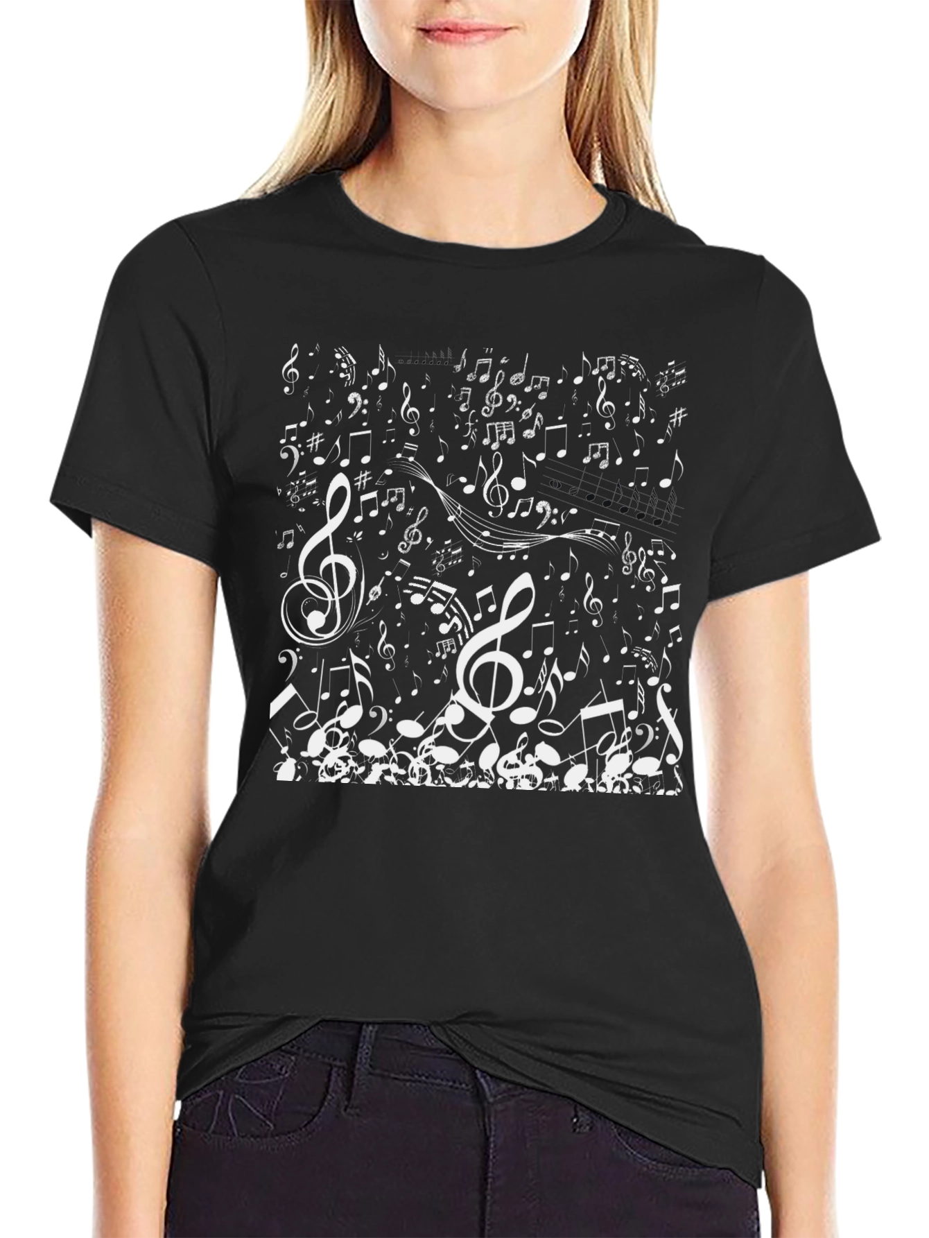Music Notes Graphic Tee - Black Cotton Casual T-Shirt