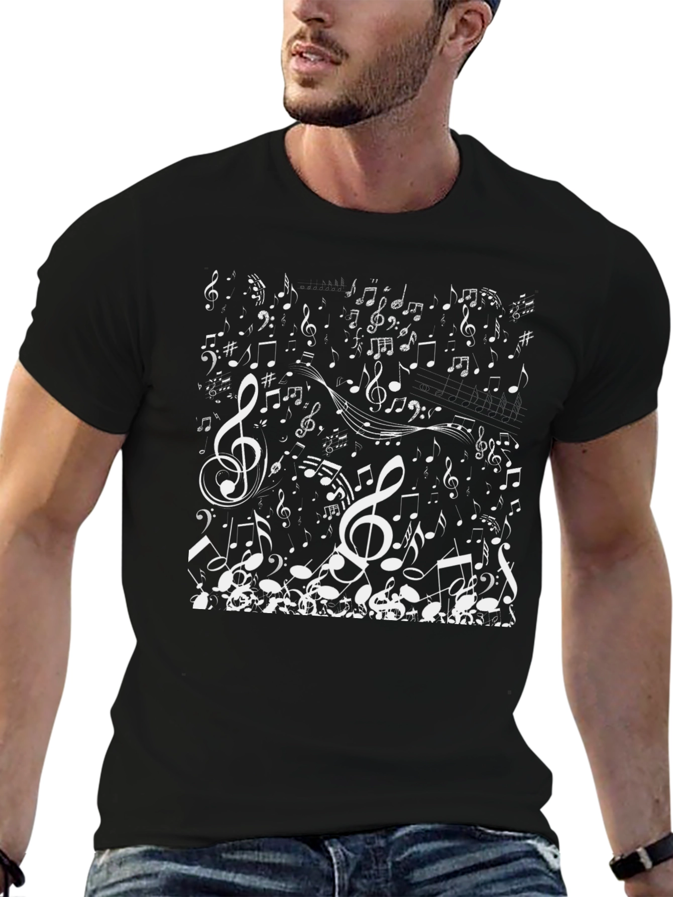Music Notes Graphic Tee - Black Cotton Casual T-Shirt