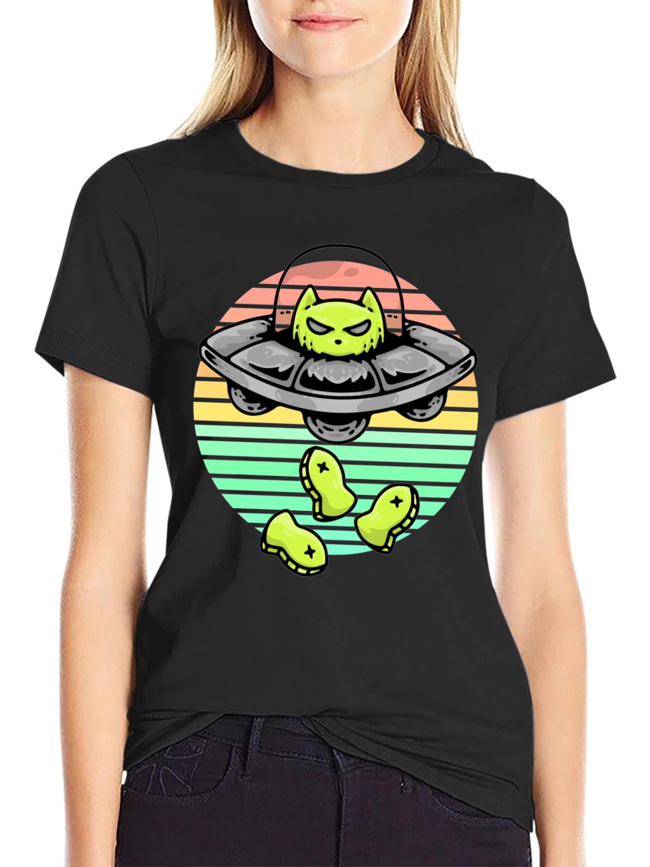 Alien Cat UFO Graphic T-Shirt
