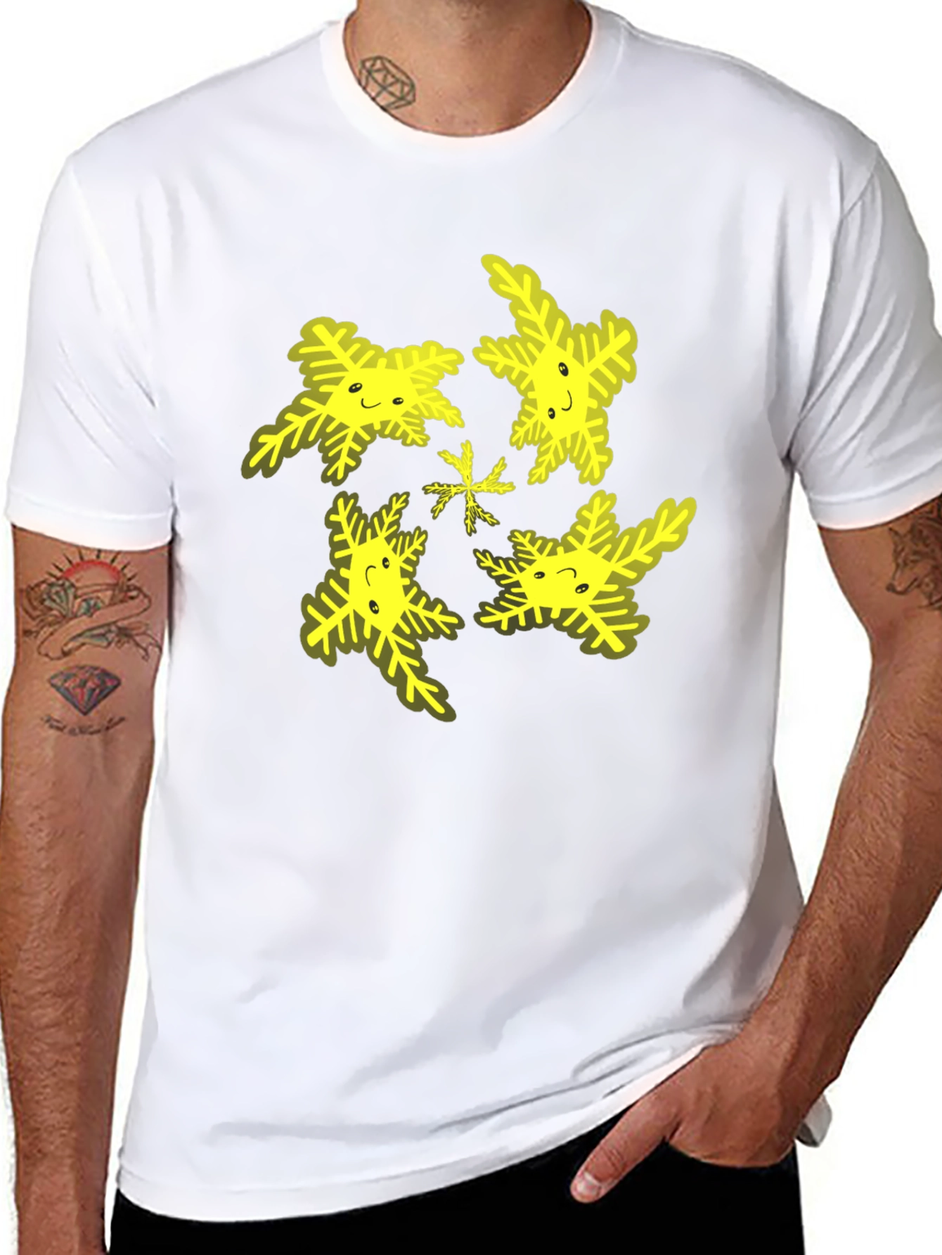 Cheerful Snowflake Pattern Black T-Shirt