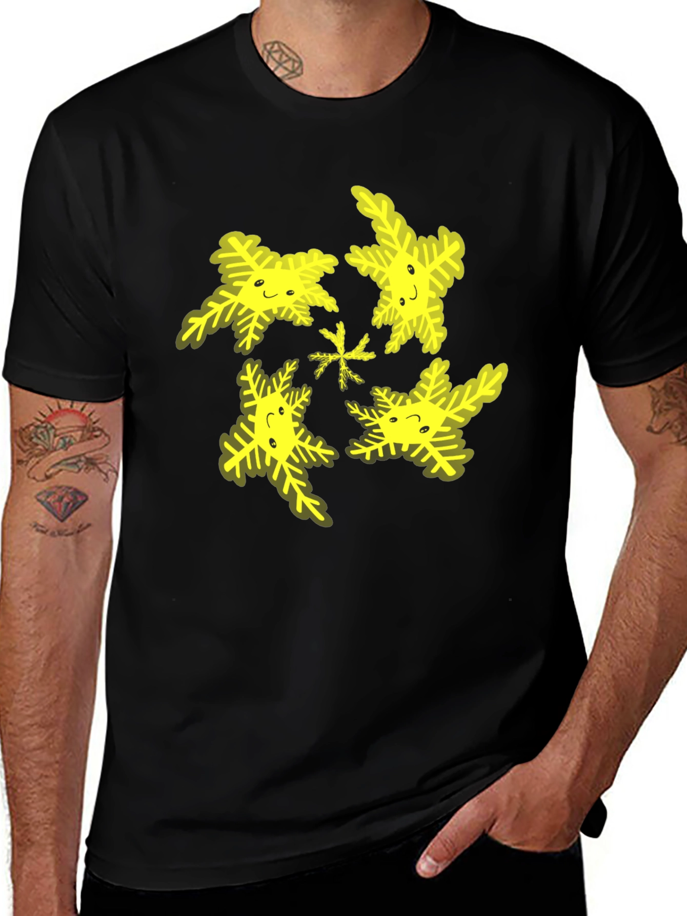 Cheerful Snowflake Pattern Black T-Shirt