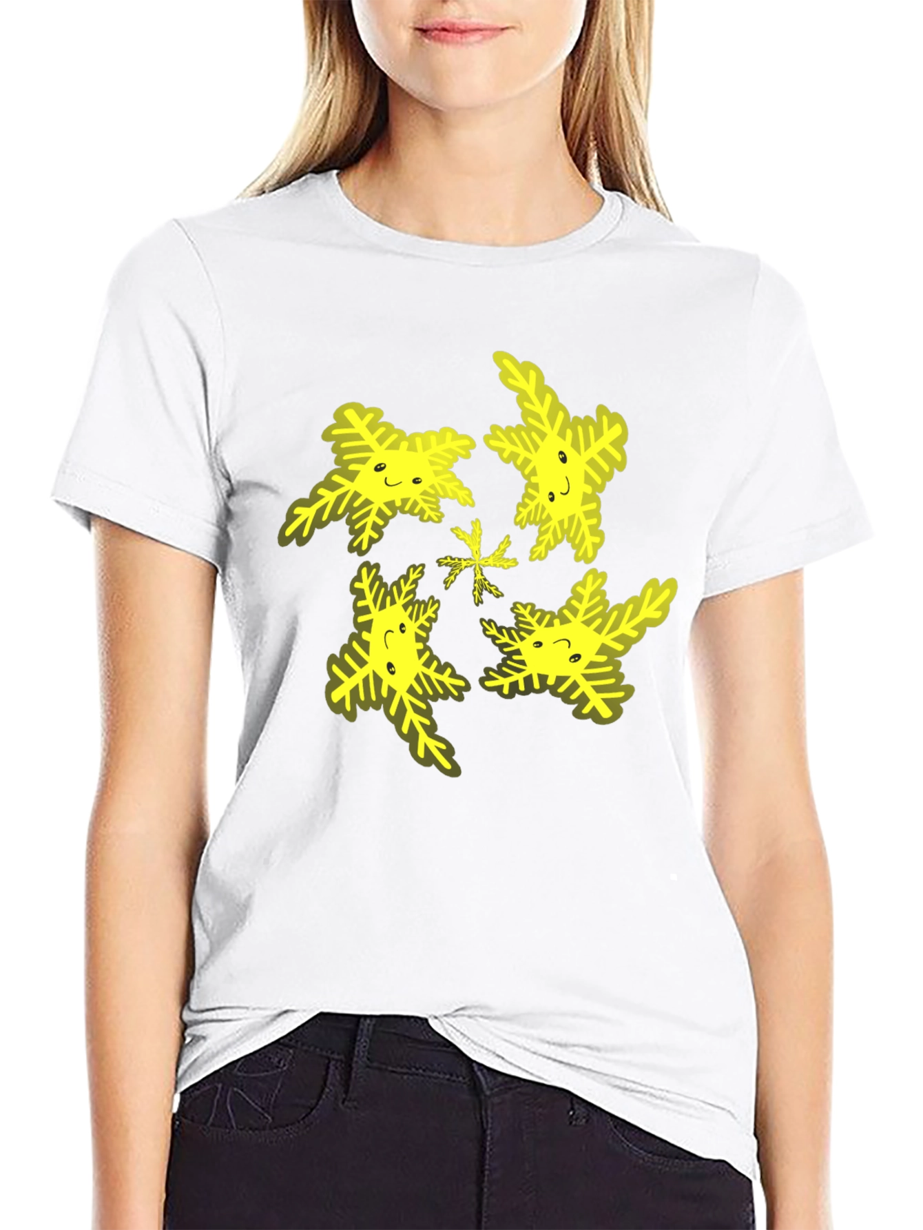 Cheerful Snowflake Pattern Black T-Shirt