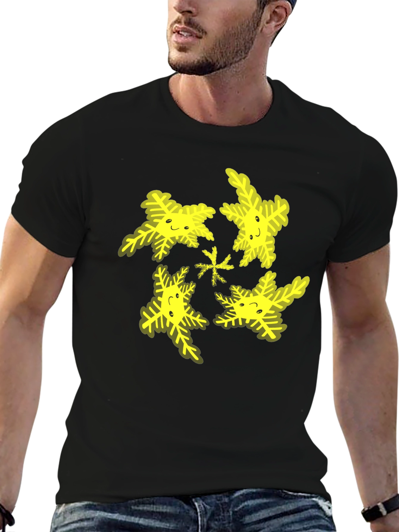 Cheerful Snowflake Pattern Black T-Shirt