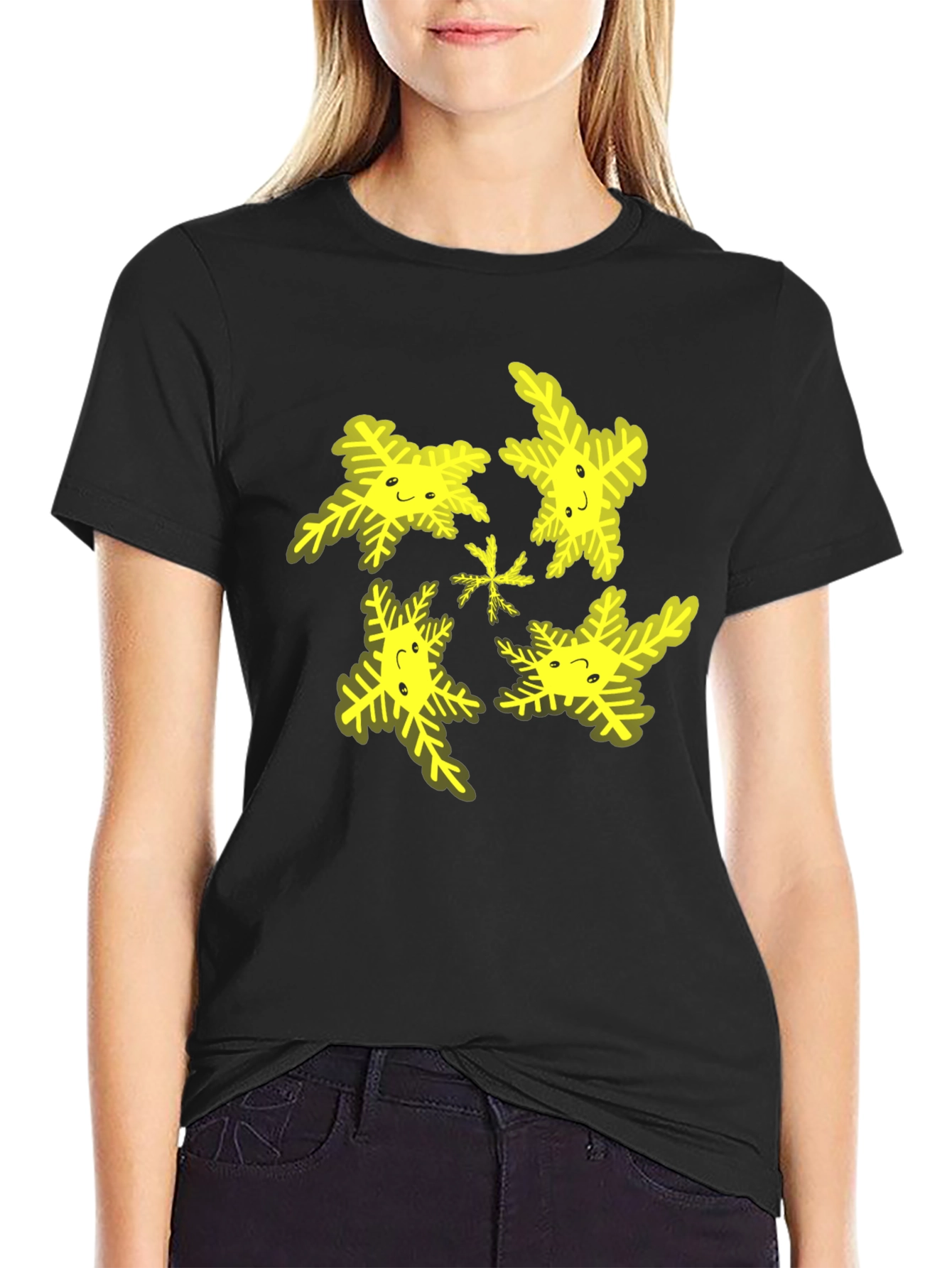 Cheerful Snowflake Pattern Black T-Shirt
