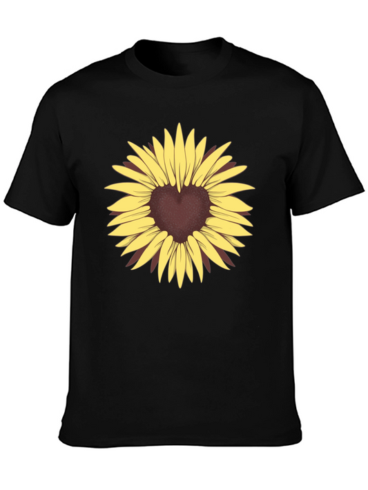 Heart Sunflower Graphic Tee - Black Casual T-Shirt