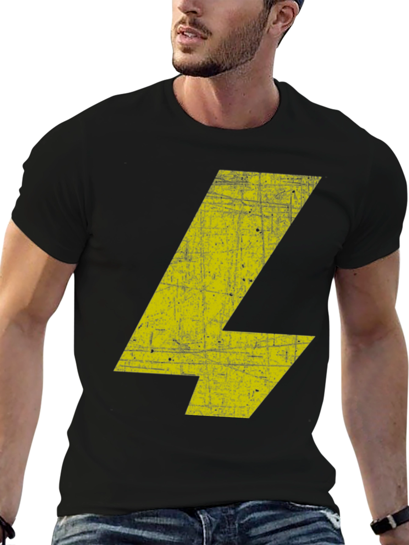 Distressed Yellow Bolt Graphic Black T-Shirt