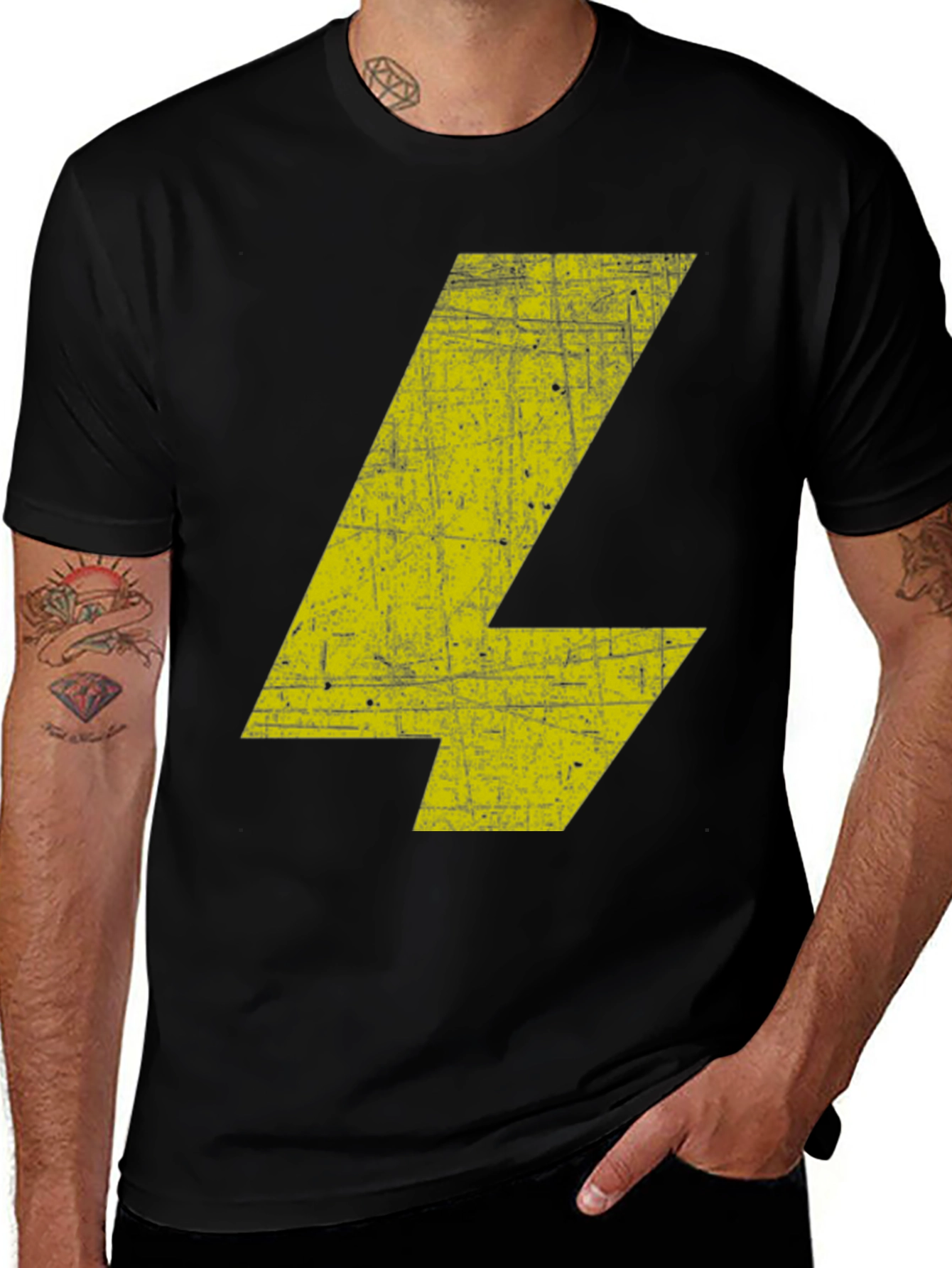 Distressed Yellow Bolt Graphic Black T-Shirt