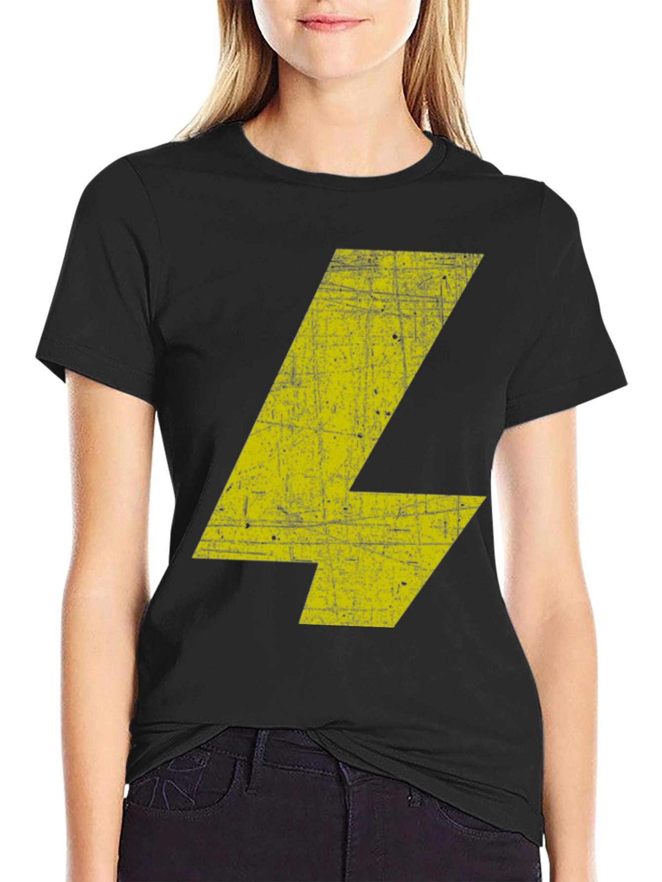 Distressed Yellow Bolt Graphic Black T-Shirt