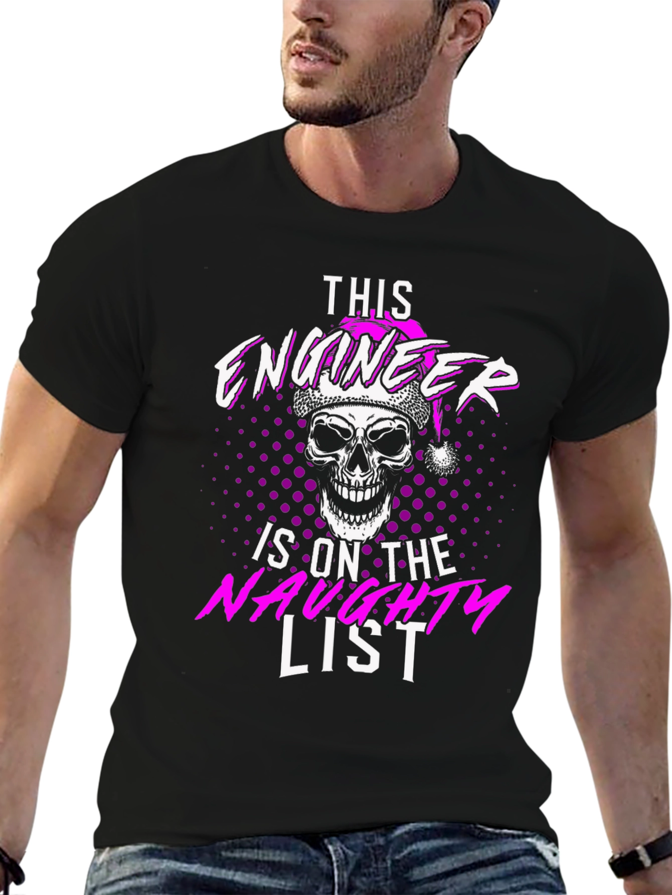 Naughty List Engineer Skull Santa Hat T-Shirt