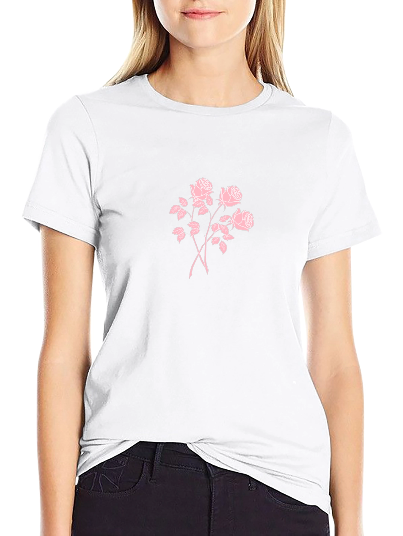 Black T-Shirt with Pink Rose Design