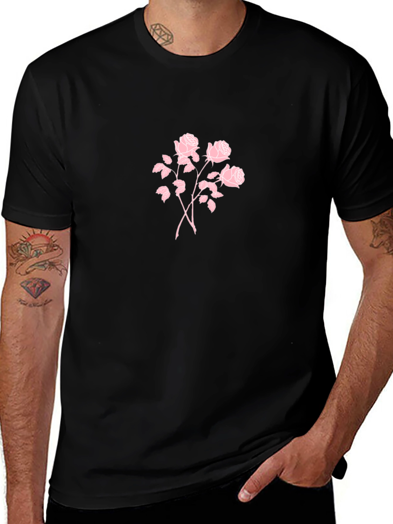 Black T-Shirt with Pink Rose Design