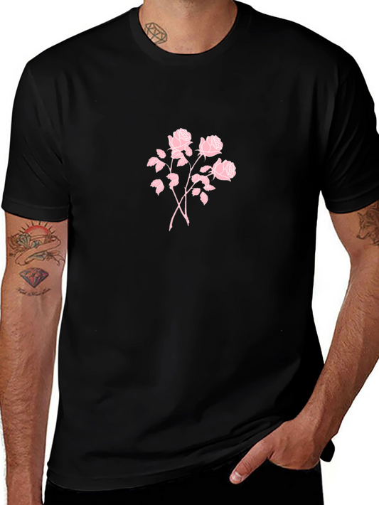 Black T-Shirt with Pink Rose Design
