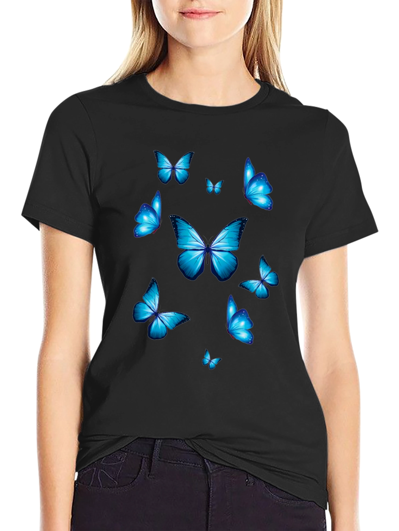 Blue Butterfly Graphic Print T-Shirt