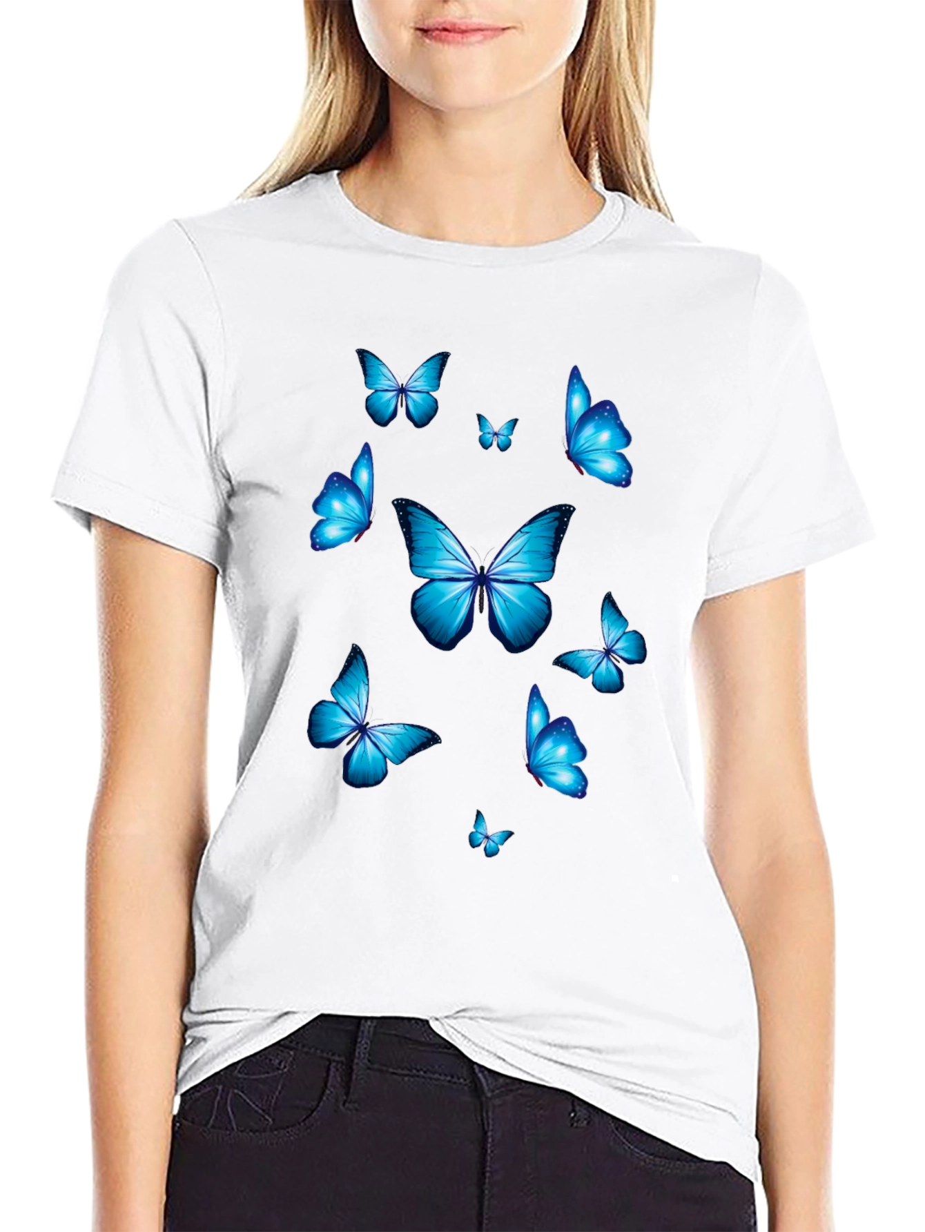 Blue Butterfly Graphic Print T-Shirt